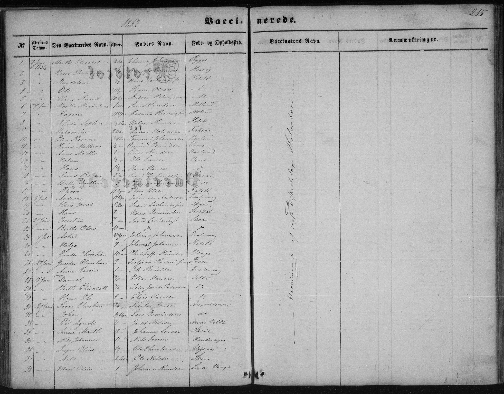 Avaldsnes sokneprestkontor, SAST/A -101851/H/Ha/Haa/L0009: Parish register (official) no. A 9, 1853-1865, p. 215