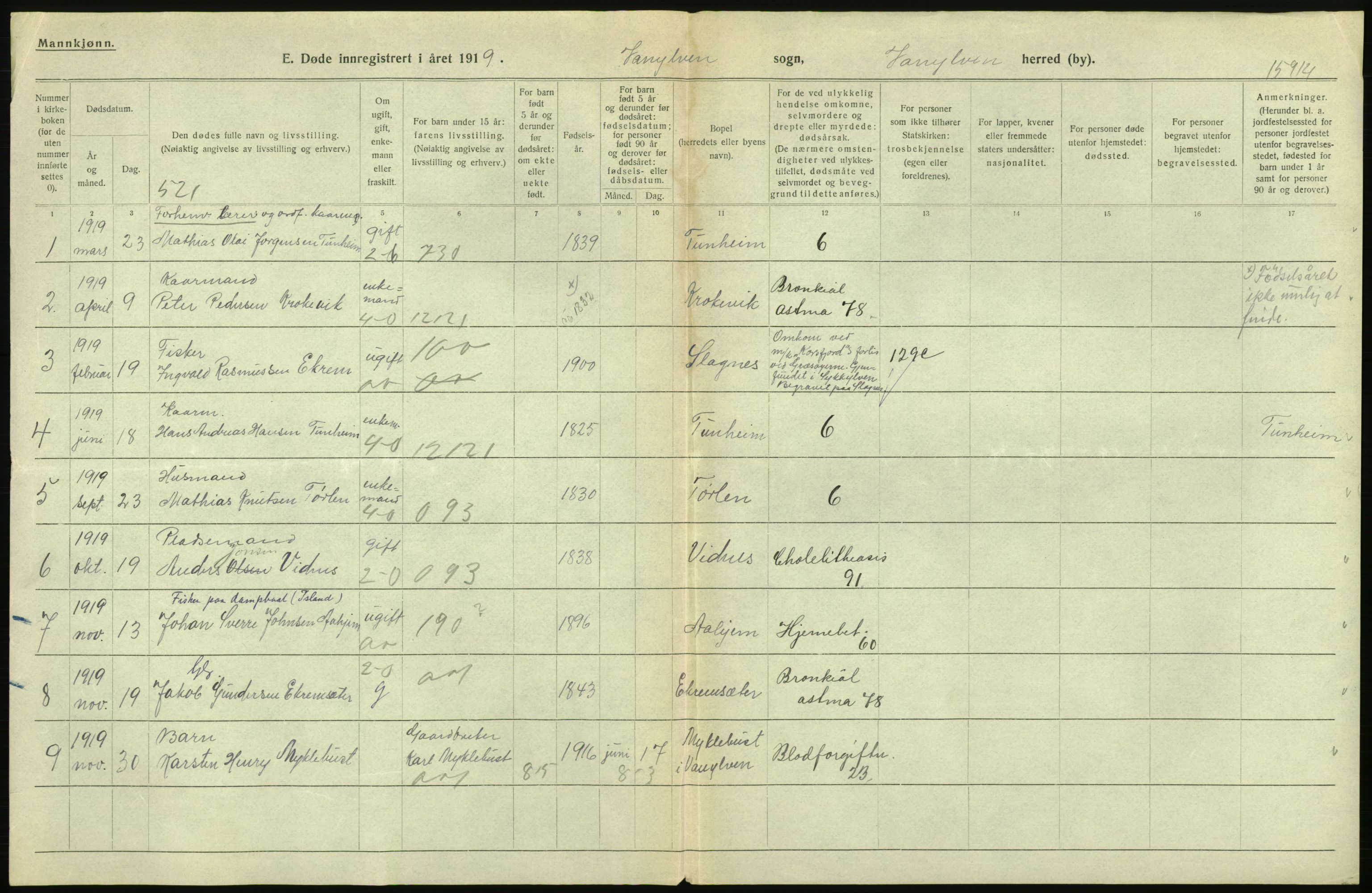 Statistisk sentralbyrå, Sosiodemografiske emner, Befolkning, AV/RA-S-2228/D/Df/Dfb/Dfbi/L0042: Møre fylke: Døde. Bygder og byer., 1919, p. 2