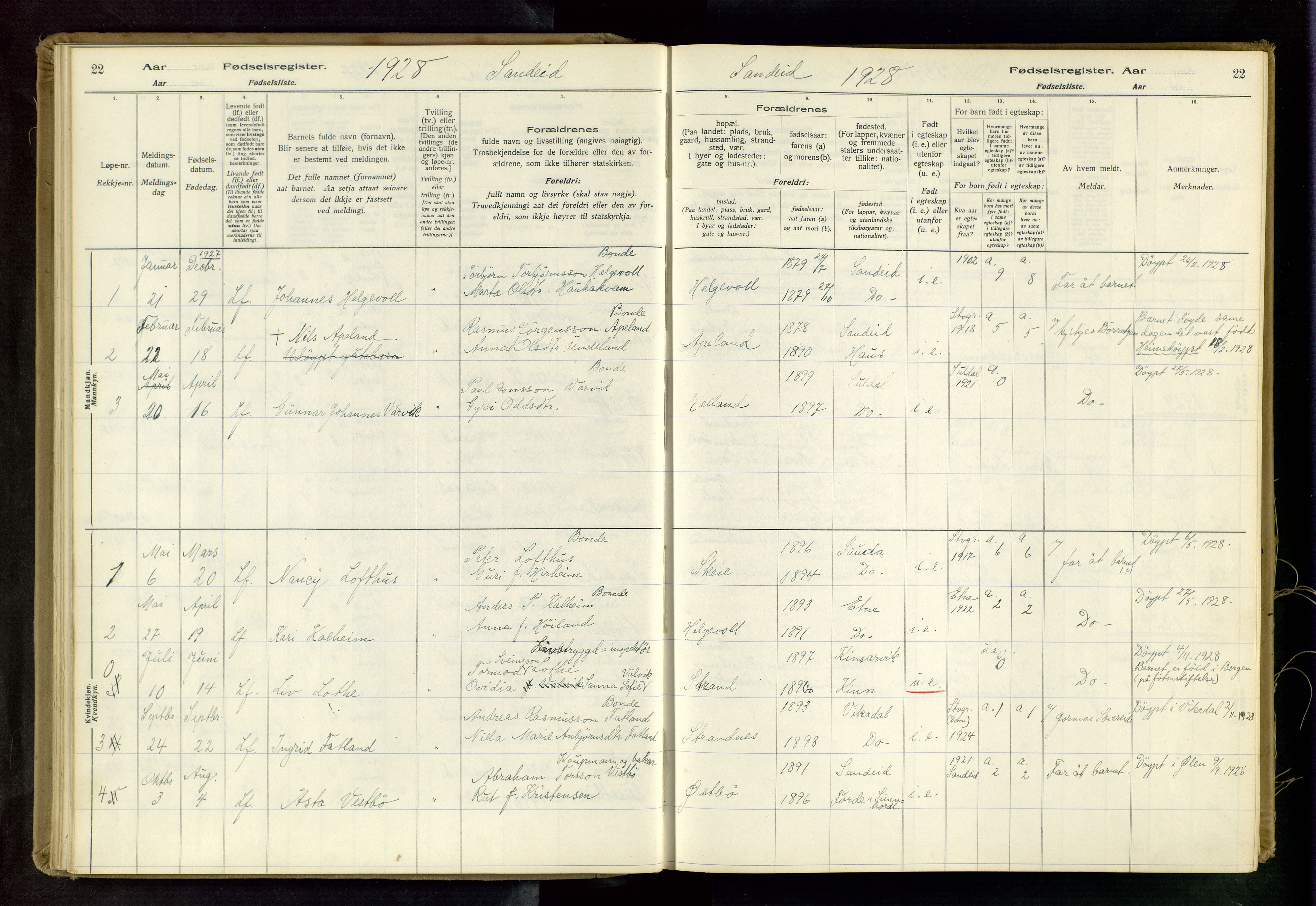 Vikedal sokneprestkontor, AV/SAST-A-101840/01/II: Birth register no. 4, 1916-1982, p. 22