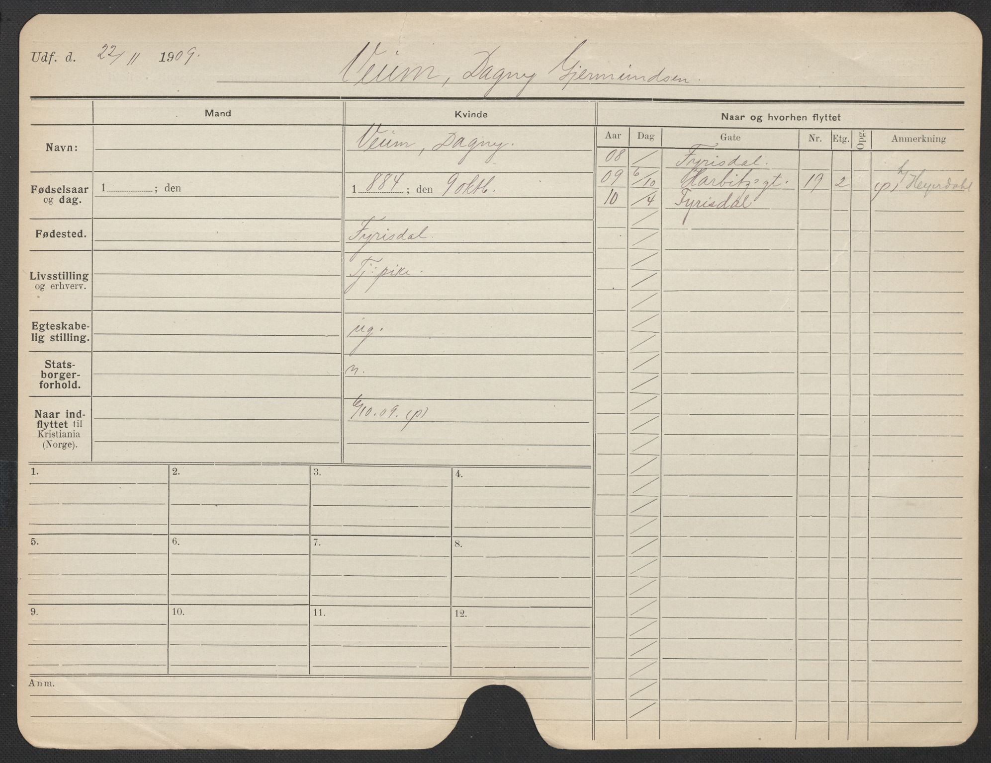 Oslo folkeregister, Registerkort, AV/SAO-A-11715/F/Fa/Fac/L0025: Kvinner, 1906-1914, p. 749a