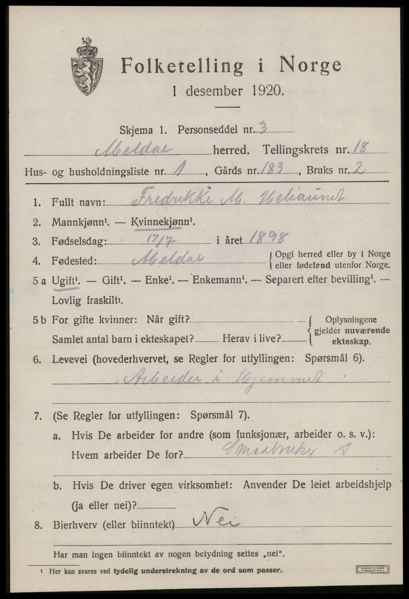 SAT, 1920 census for Meldal, 1920, p. 11337