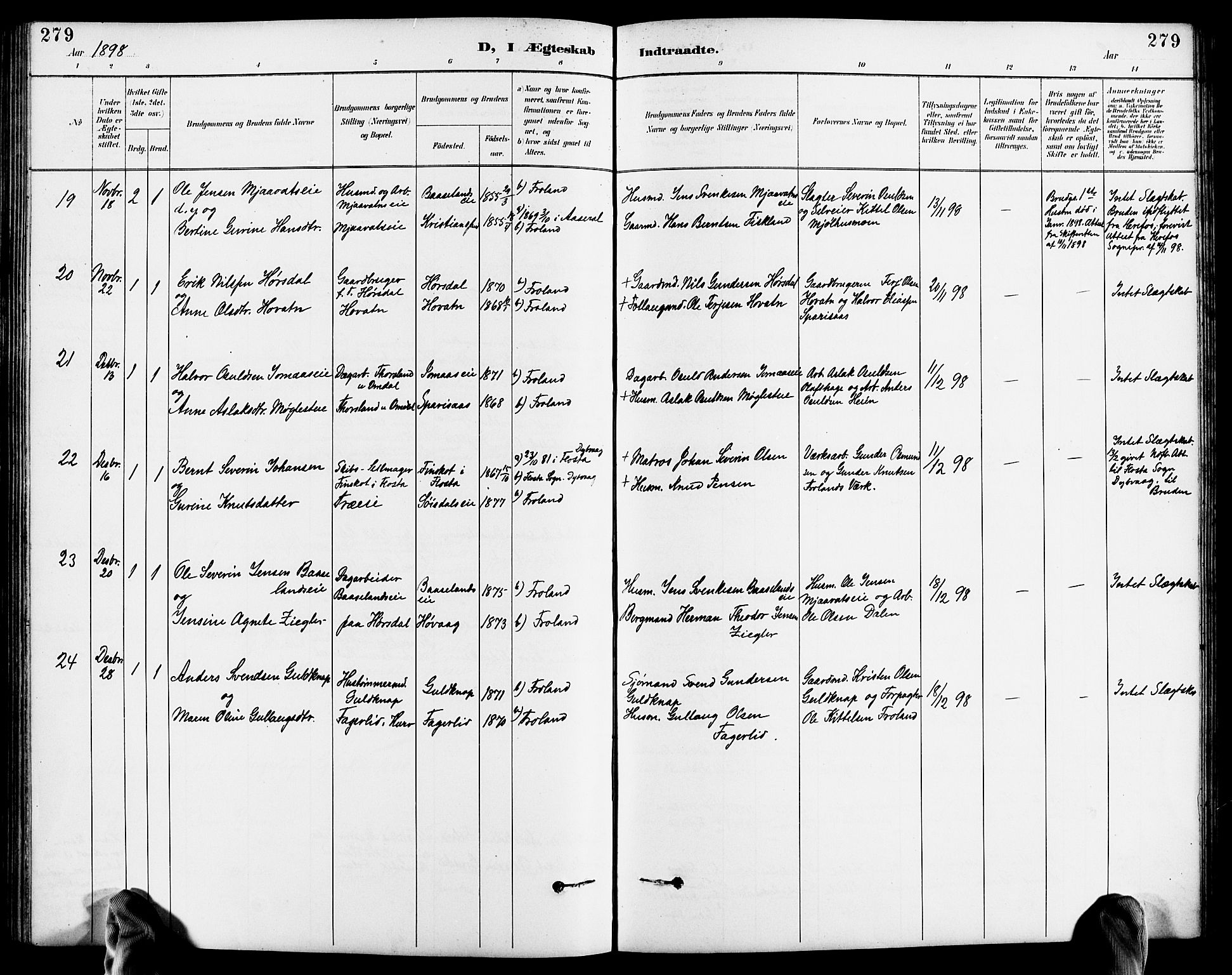 Froland sokneprestkontor, AV/SAK-1111-0013/F/Fb/L0010: Parish register (copy) no. B 10, 1893-1920, p. 279