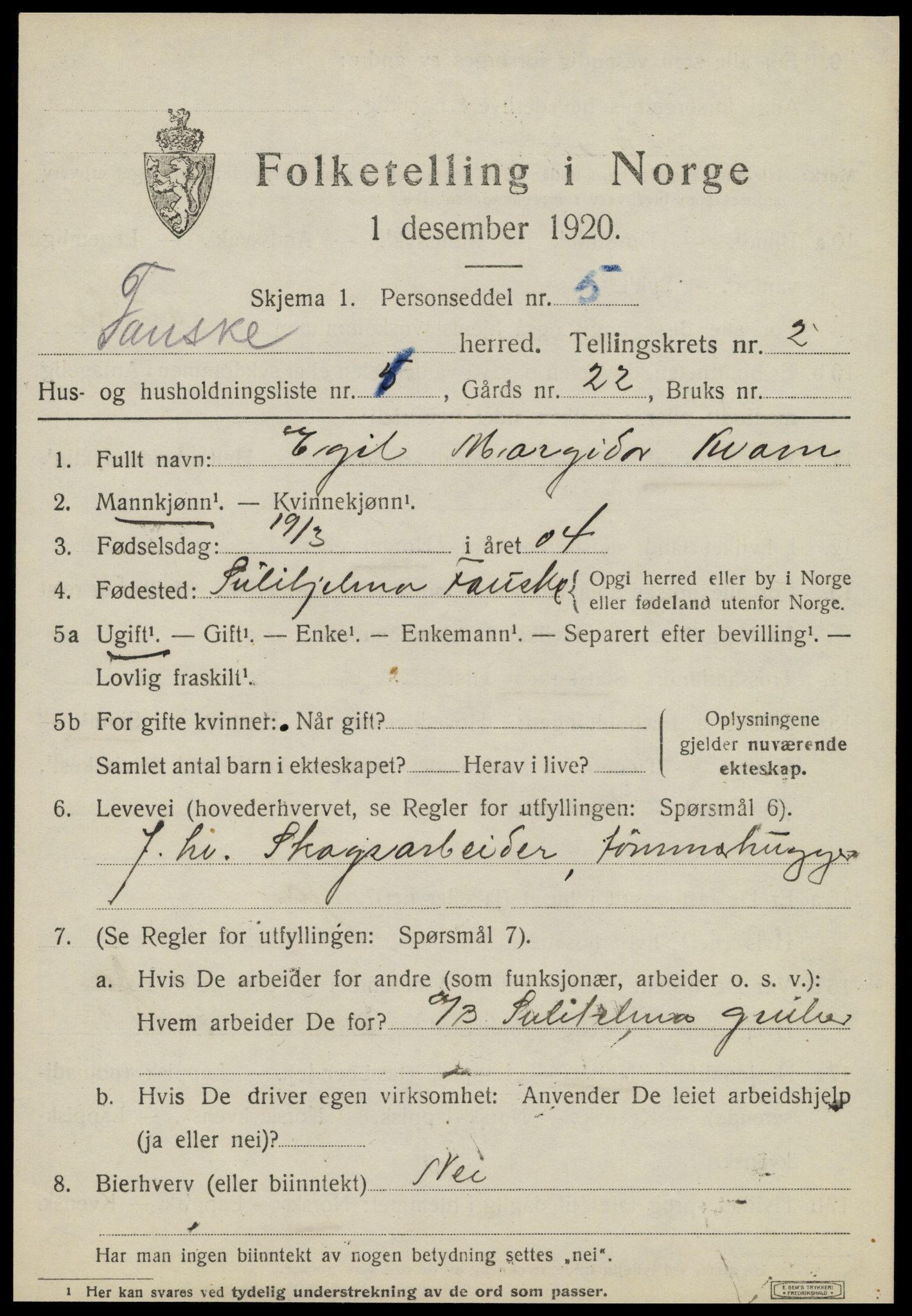 SAT, 1920 census for Fauske, 1920, p. 2908