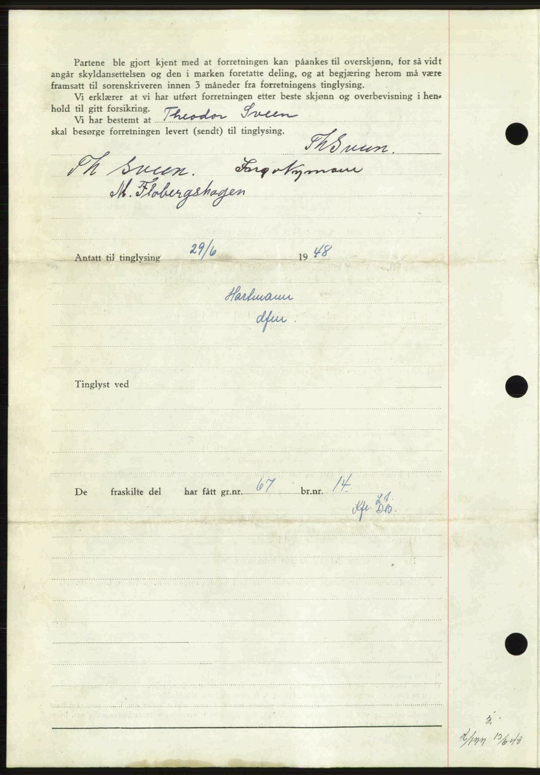 Sør-Gudbrandsdal tingrett, SAH/TING-004/H/Hb/Hbd/L0022: Mortgage book no. A22, 1948-1948, Diary no: : 1485/1948