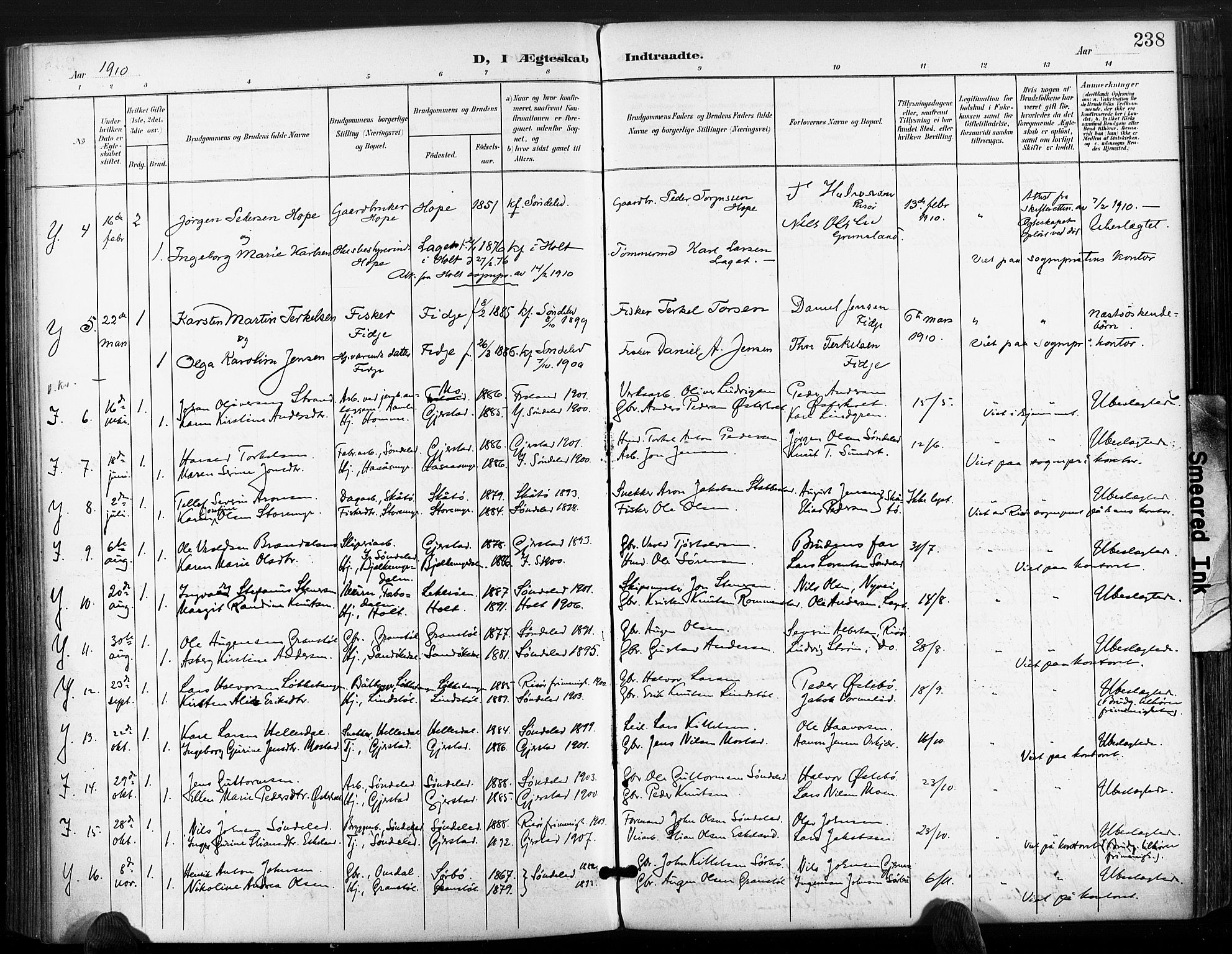 Søndeled sokneprestkontor, AV/SAK-1111-0038/F/Fa/L0006: Parish register (official) no. A 6, 1900-1922, p. 238