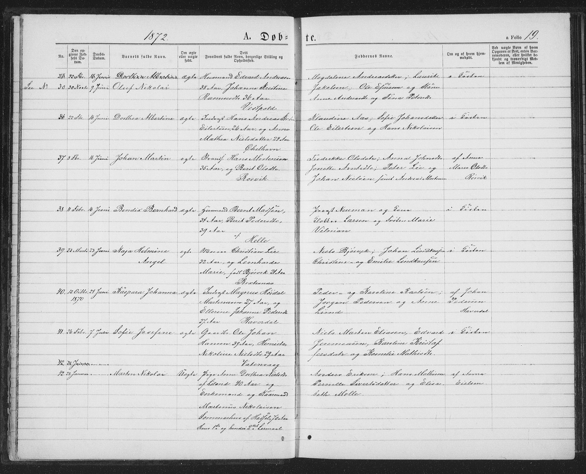 Ministerialprotokoller, klokkerbøker og fødselsregistre - Nordland, SAT/A-1459/874/L1074: Parish register (copy) no. 874C03, 1870-1876, p. 19