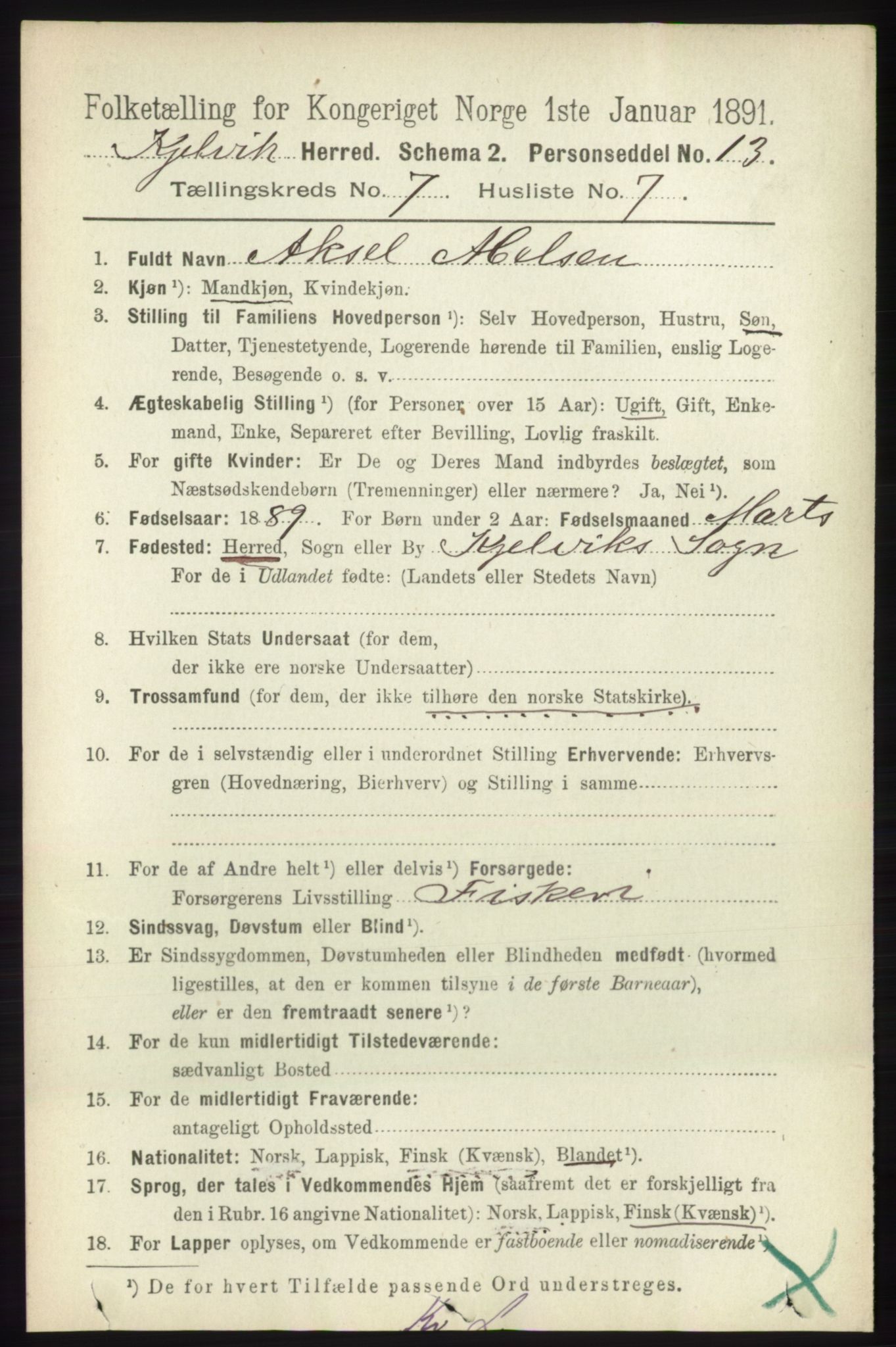 RA, 1891 census for 2019 Kjelvik, 1891, p. 937
