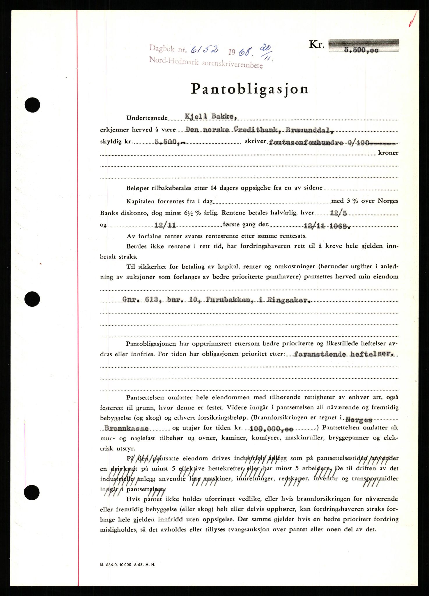 Nord-Hedmark sorenskriveri, SAH/TING-012/H/Hb/Hbf/L0077: Mortgage book no. B77, 1968-1969, Diary no: : 6152/1968