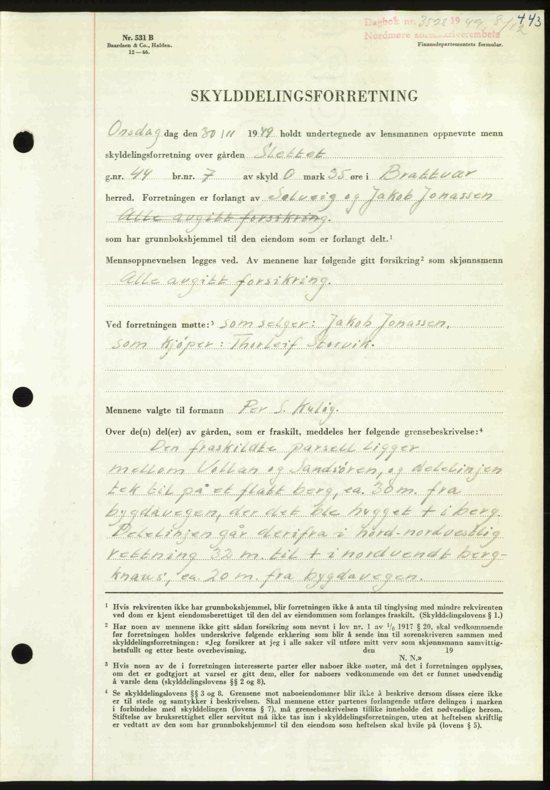 Nordmøre sorenskriveri, AV/SAT-A-4132/1/2/2Ca: Mortgage book no. A113, 1949-1950, Diary no: : 3528/1949