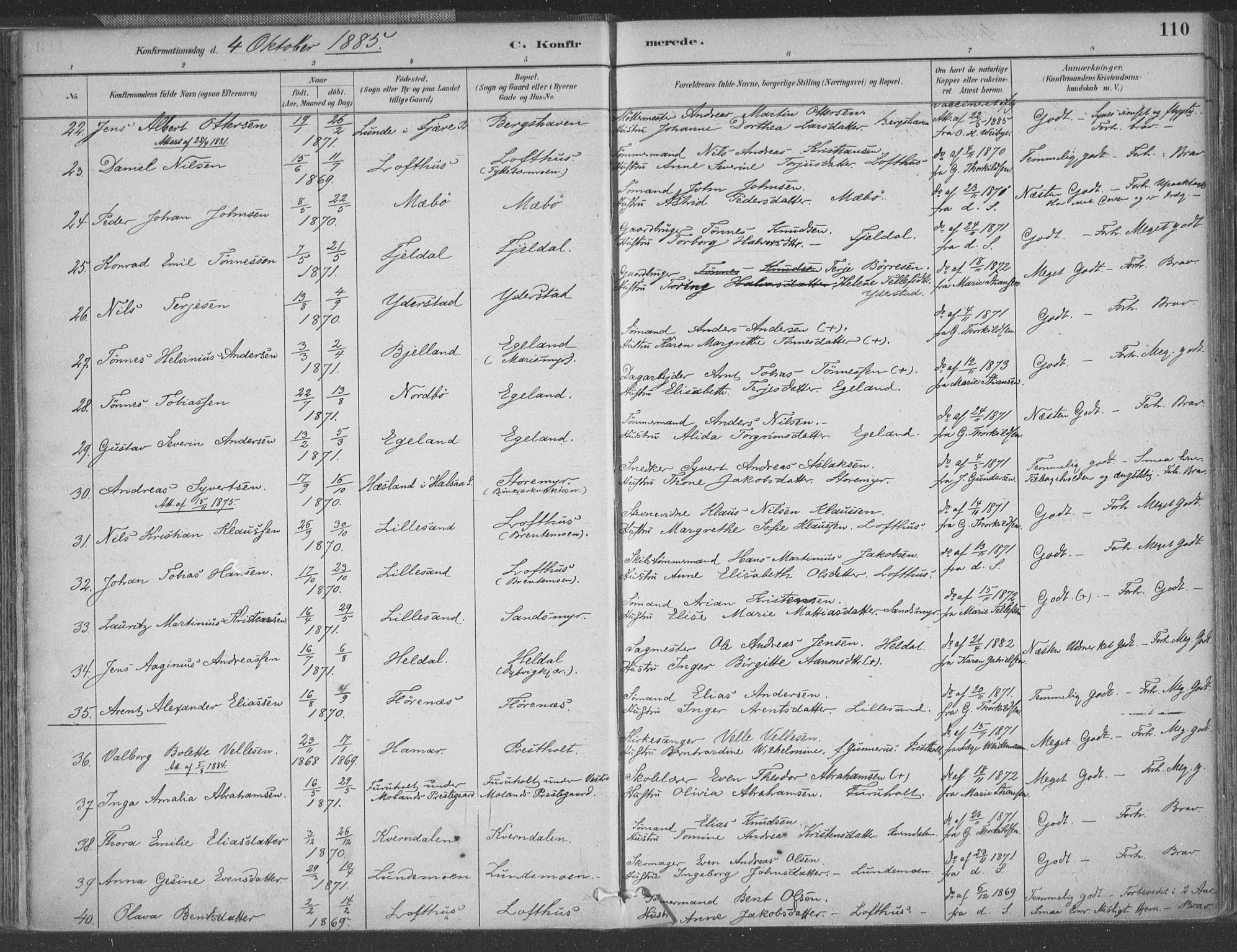 Vestre Moland sokneprestkontor, AV/SAK-1111-0046/F/Fa/Fab/L0009: Parish register (official) no. A 9, 1884-1899, p. 110