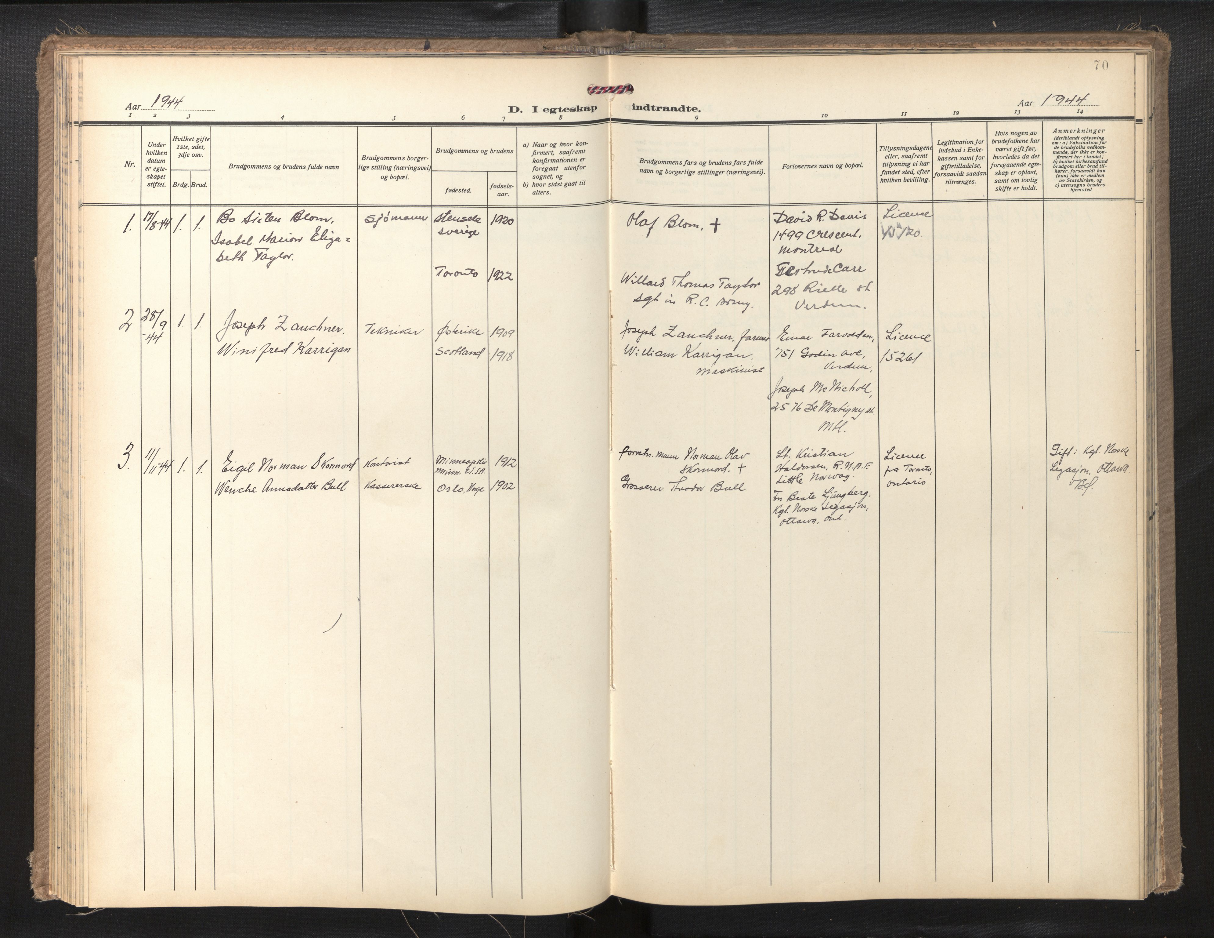 Den norske sjømannsmisjon i utlandet/Montreal-Halifax, SAB/SAB/PA-0116/H/Ha/L0001: Parish register (official) no. A 1, 1929-1960, p. 69b-70a