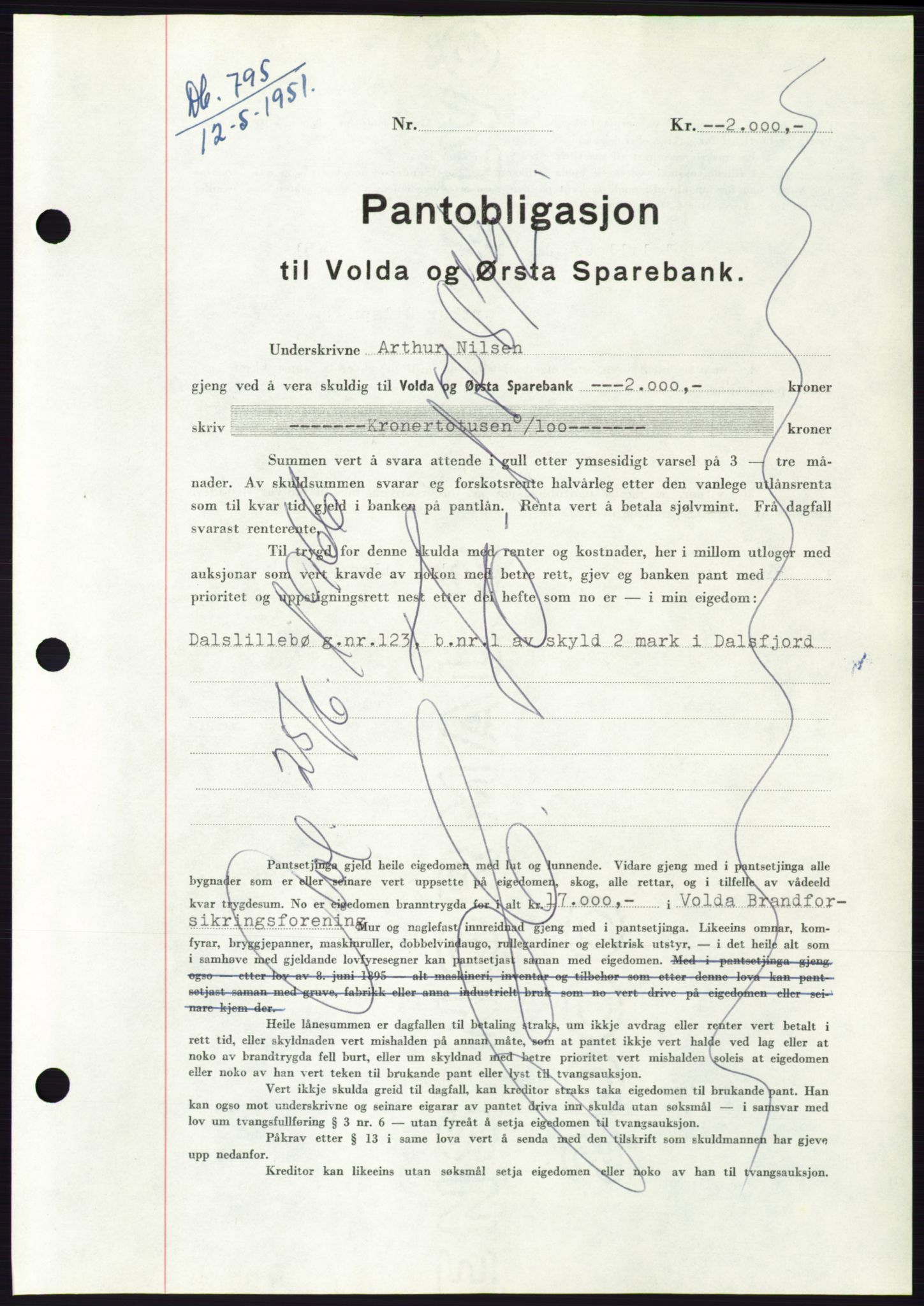 Søre Sunnmøre sorenskriveri, AV/SAT-A-4122/1/2/2C/L0120: Mortgage book no. 8B, 1951-1951, Diary no: : 795/1951