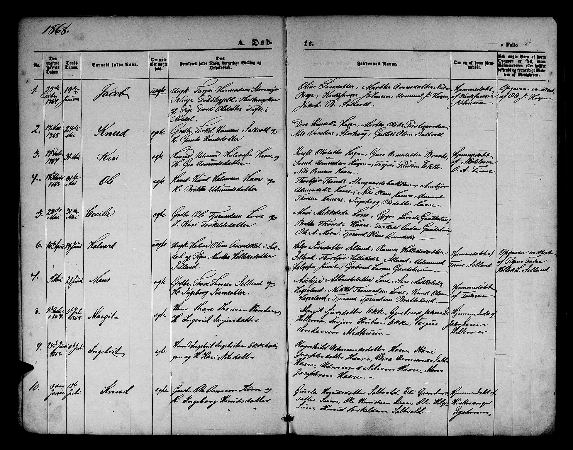 Røldal sokneprestembete, SAB/A-100247: Parish register (copy) no. A 2, 1861-1886, p. 16