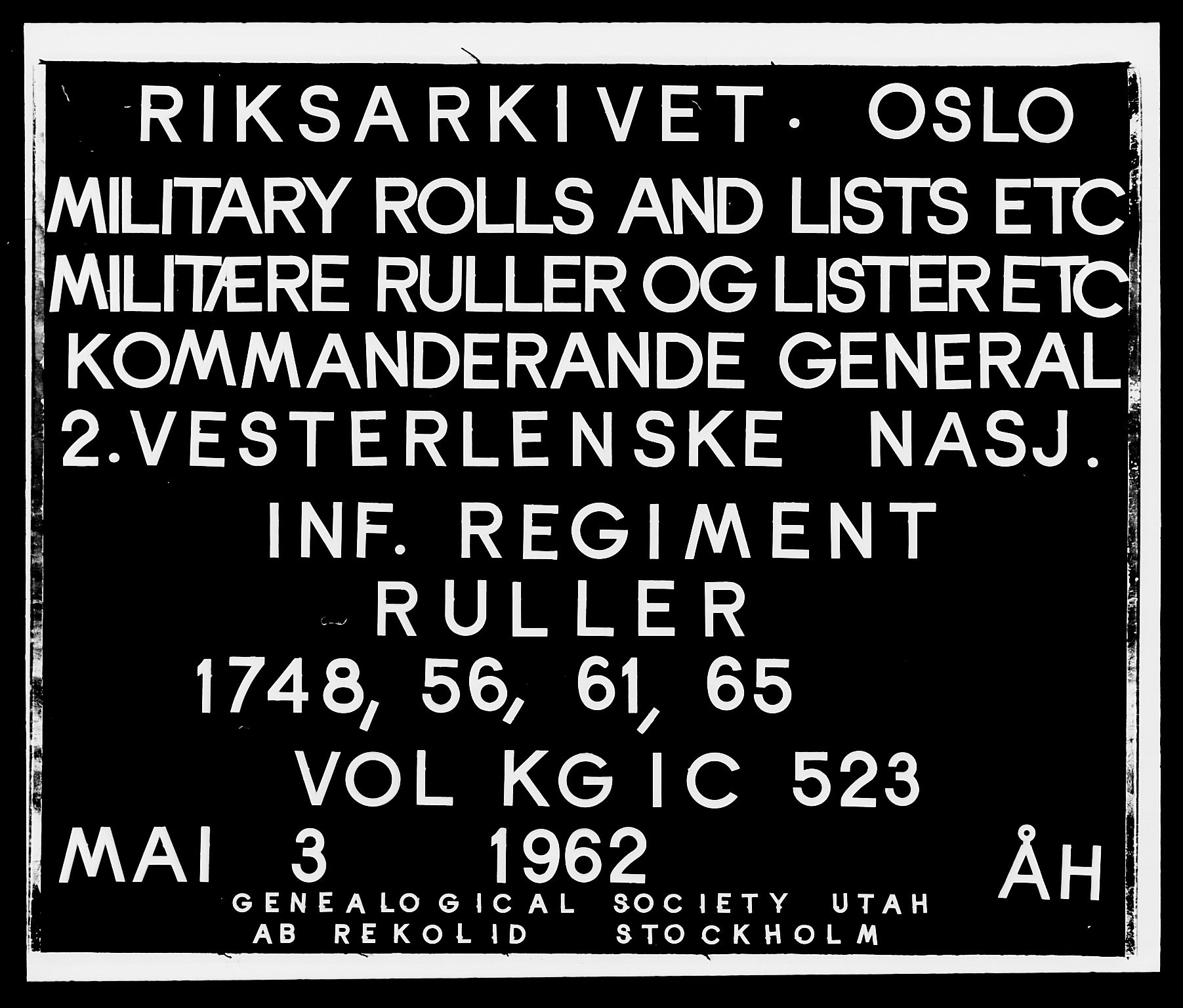 Kommanderende general (KG I) med Det norske krigsdirektorium, RA/EA-5419/E/Ea/L0523: 2. Vesterlenske regiment, 1748-1765, p. 1