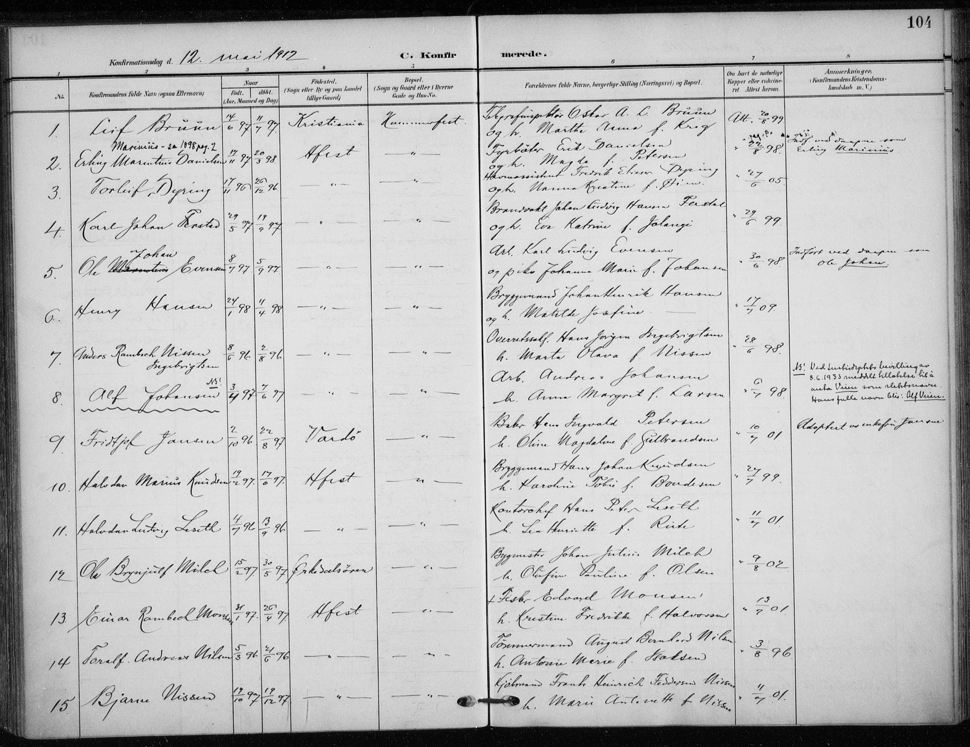 Hammerfest sokneprestkontor, SATØ/S-1347/H/Ha/L0014.kirke: Parish register (official) no. 14, 1906-1916, p. 104