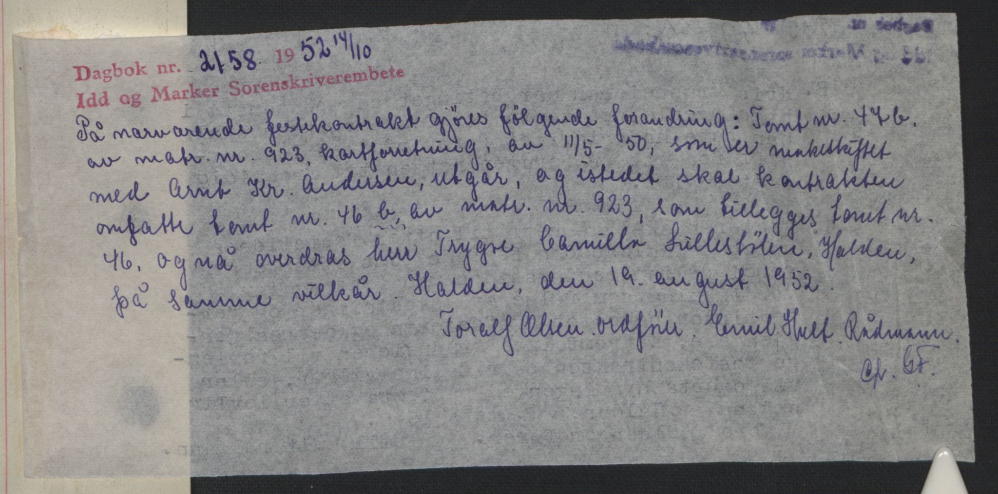 Idd og Marker sorenskriveri, AV/SAO-A-10283/G/Gb/Gbb/L0008: Mortgage book no. A8, 1946-1946, Diary no: : 2158/1952