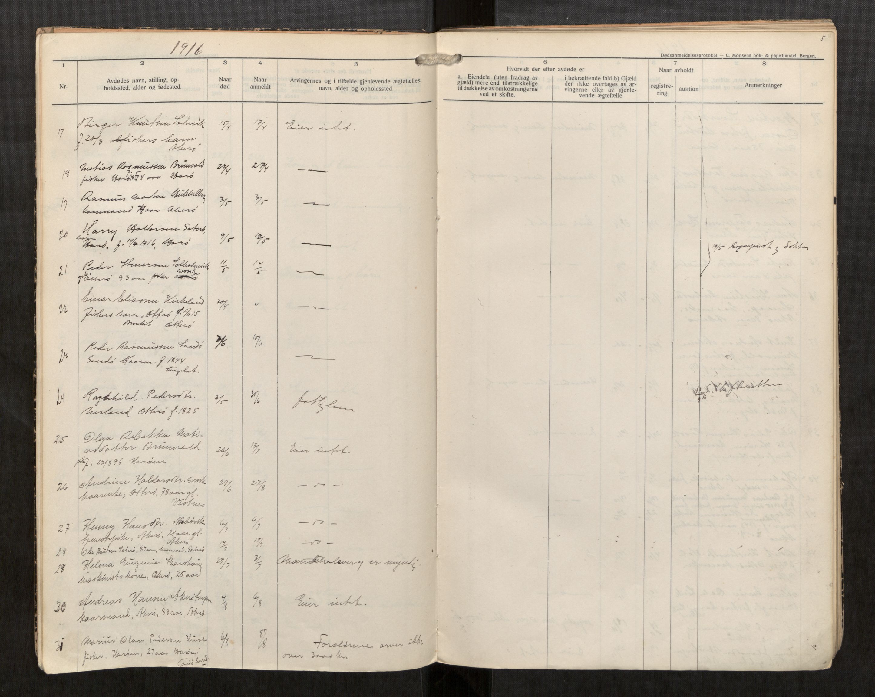 Sund lensmannskontor, AV/SAT-A-5663/02/Gh/L0001: Dødsfallsprotokoll, 1914-1926, p. 5