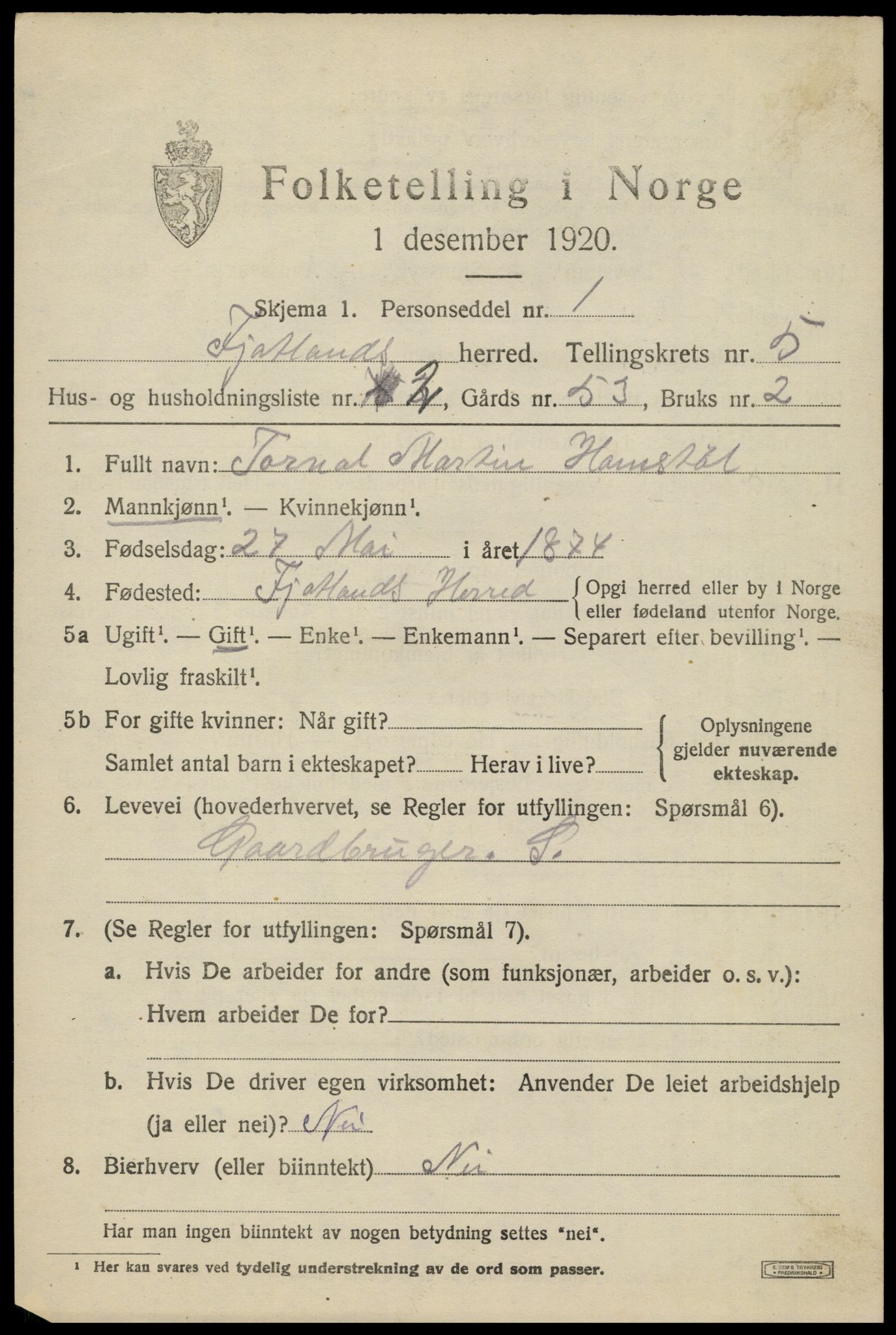 SAK, 1920 census for Fjotland, 1920, p. 1534
