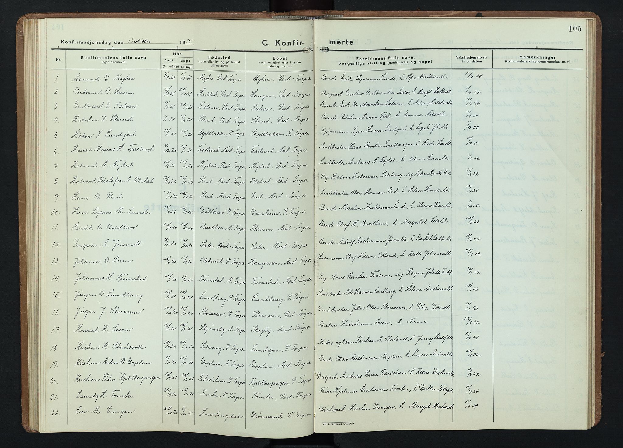 Nordre Land prestekontor, AV/SAH-PREST-124/H/Ha/Hab/L0004: Parish register (copy) no. 4, 1935-1954, p. 105