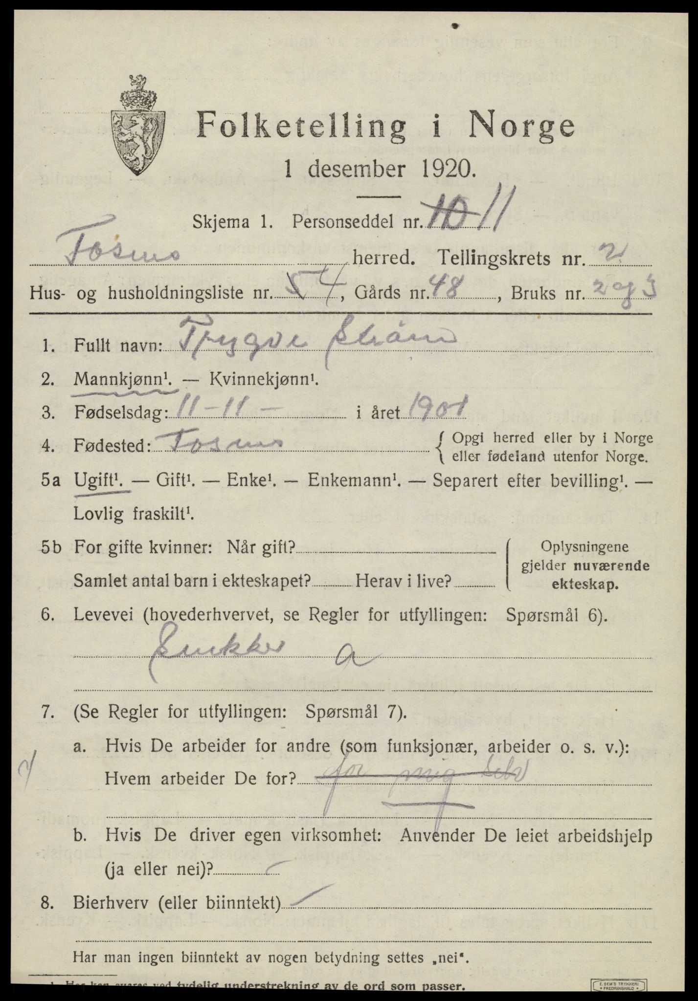 SAT, 1920 census for Fosnes, 1920, p. 717