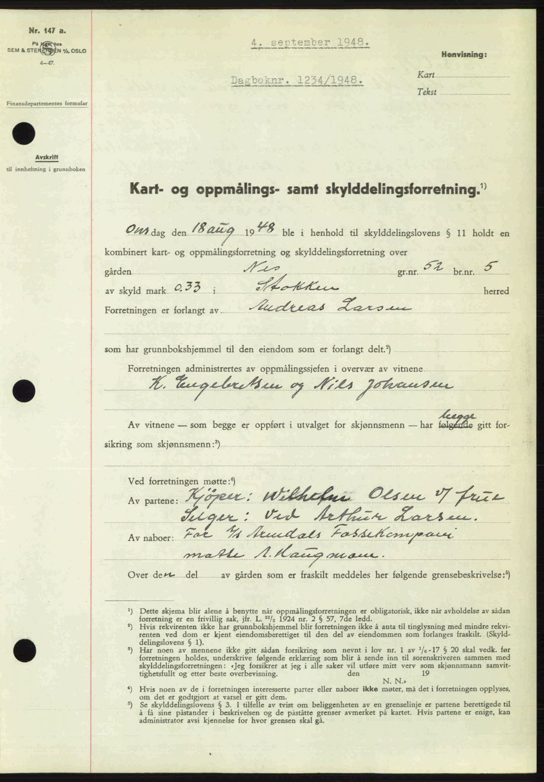 Nedenes sorenskriveri, AV/SAK-1221-0006/G/Gb/Gba/L0059: Mortgage book no. A11, 1948-1948, Diary no: : 1234/1948