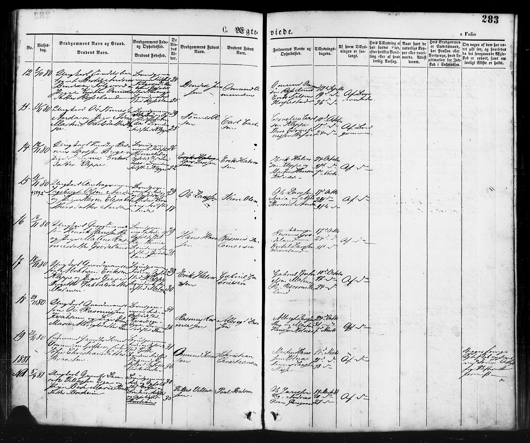 Klepp sokneprestkontor, AV/SAST-A-101803/001/3/30BA/L0006: Parish register (official) no. A 6, 1871-1885, p. 283