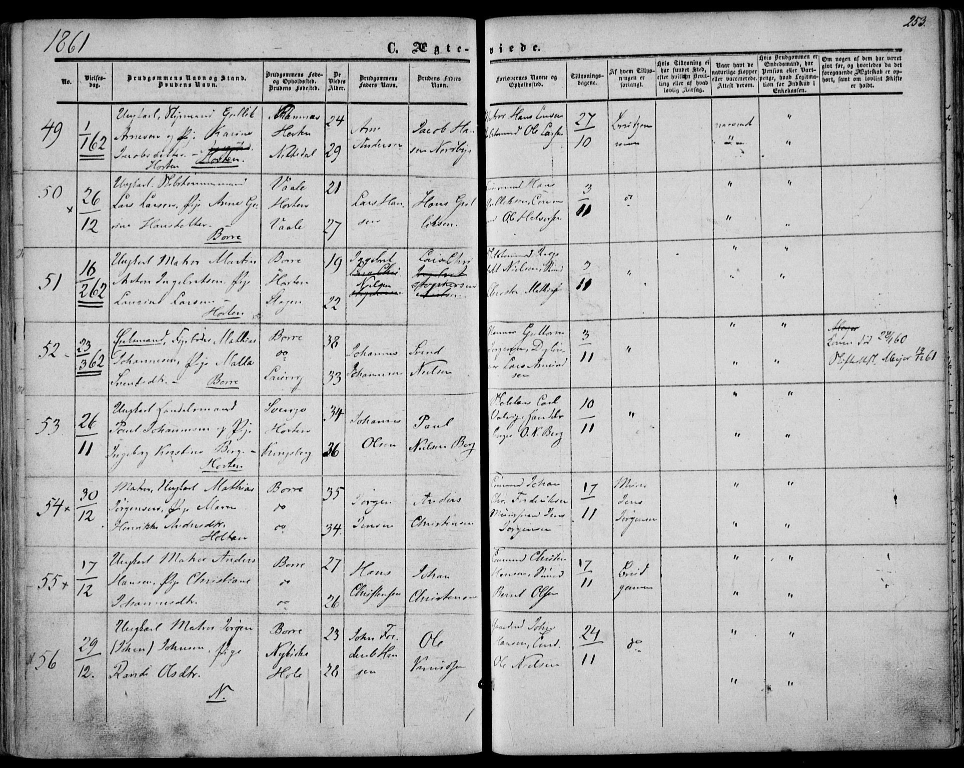 Borre kirkebøker, AV/SAKO-A-338/F/Fa/L0006: Parish register (official) no. I 6, 1852-1862, p. 253