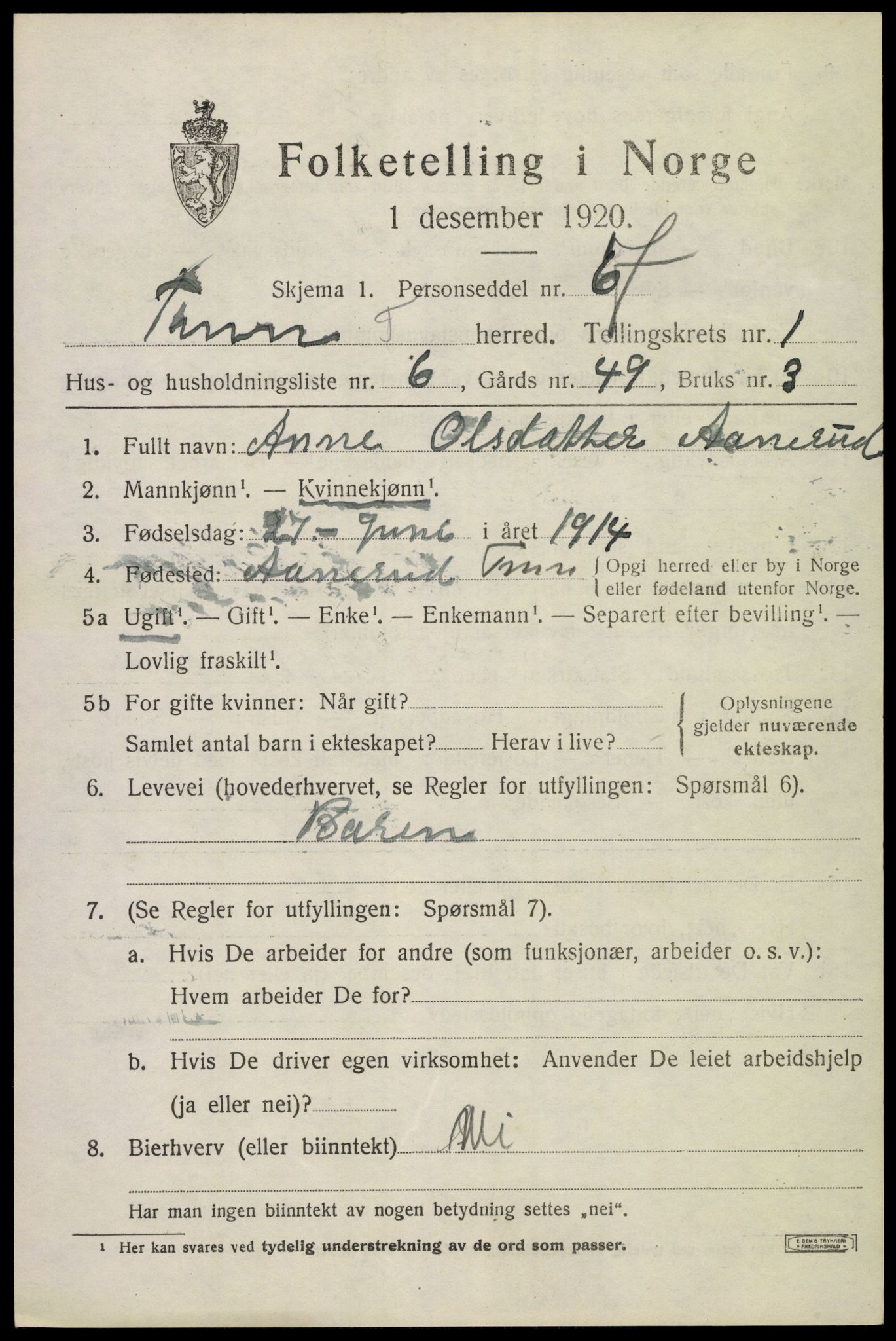 SAKO, 1920 census for Tinn, 1920, p. 2756