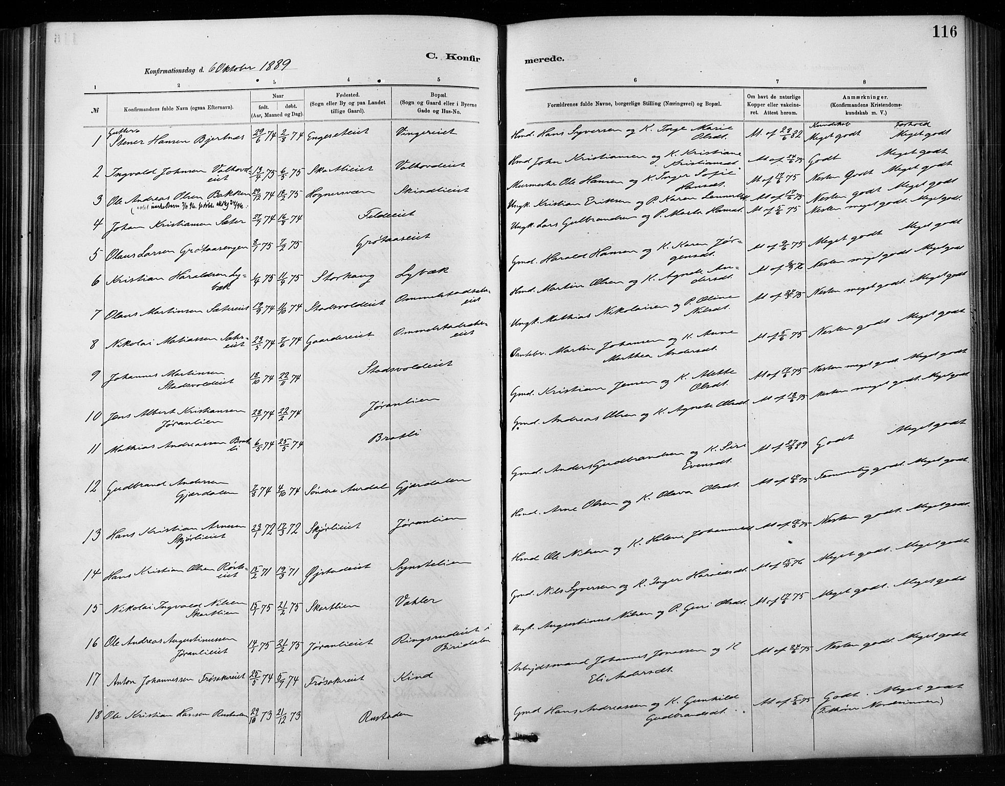 Nordre Land prestekontor, SAH/PREST-124/H/Ha/Haa/L0004: Parish register (official) no. 4, 1882-1896, p. 116