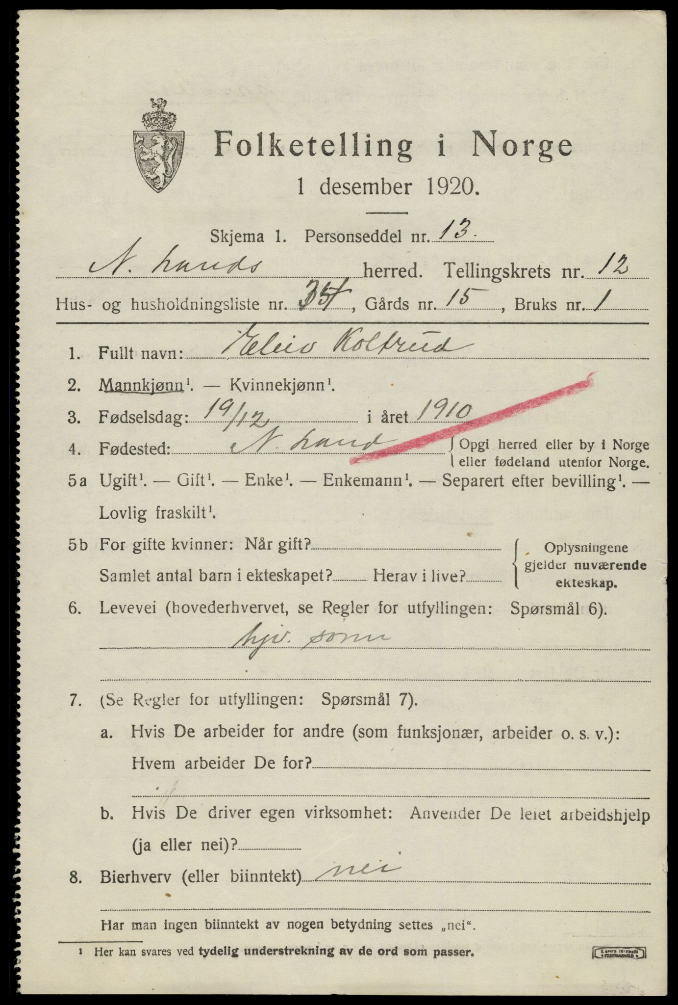 SAH, 1920 census for Nordre Land, 1920, p. 6240