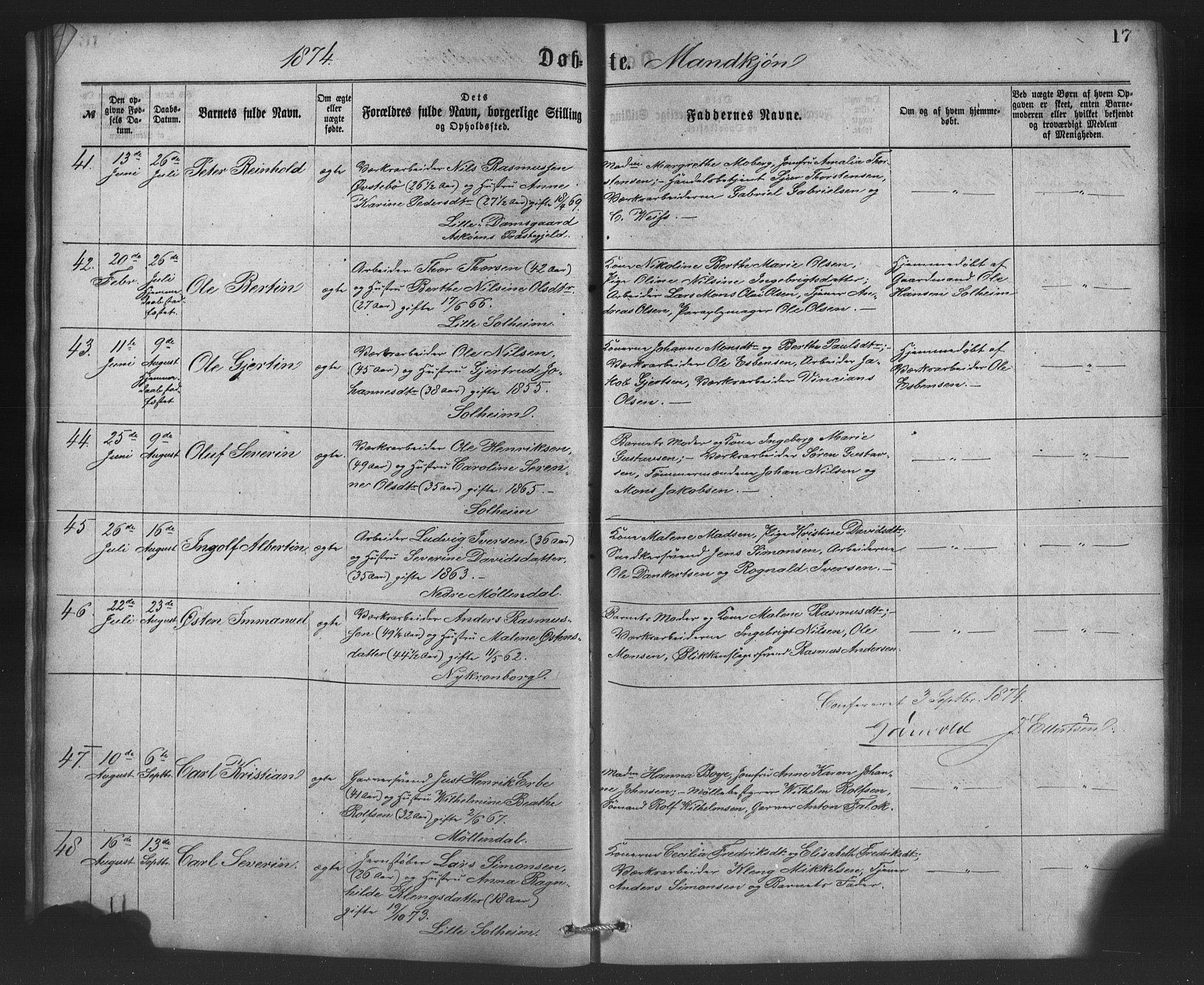 St. Jørgens hospital og Årstad sokneprestembete, AV/SAB-A-99934: Parish register (copy) no. A 4, 1873-1885, p. 17