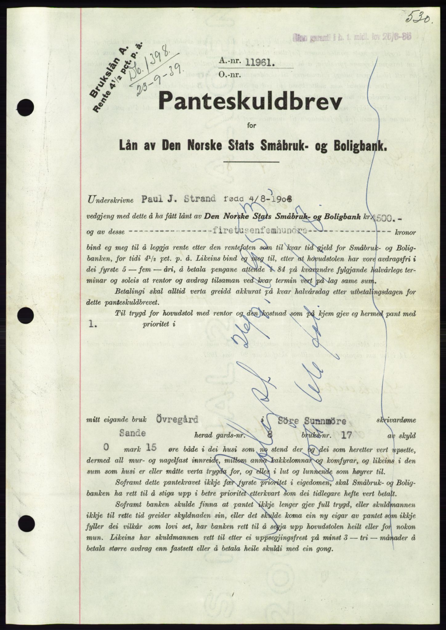 Søre Sunnmøre sorenskriveri, AV/SAT-A-4122/1/2/2C/L0068: Mortgage book no. 62, 1939-1939, Diary no: : 1398/1939