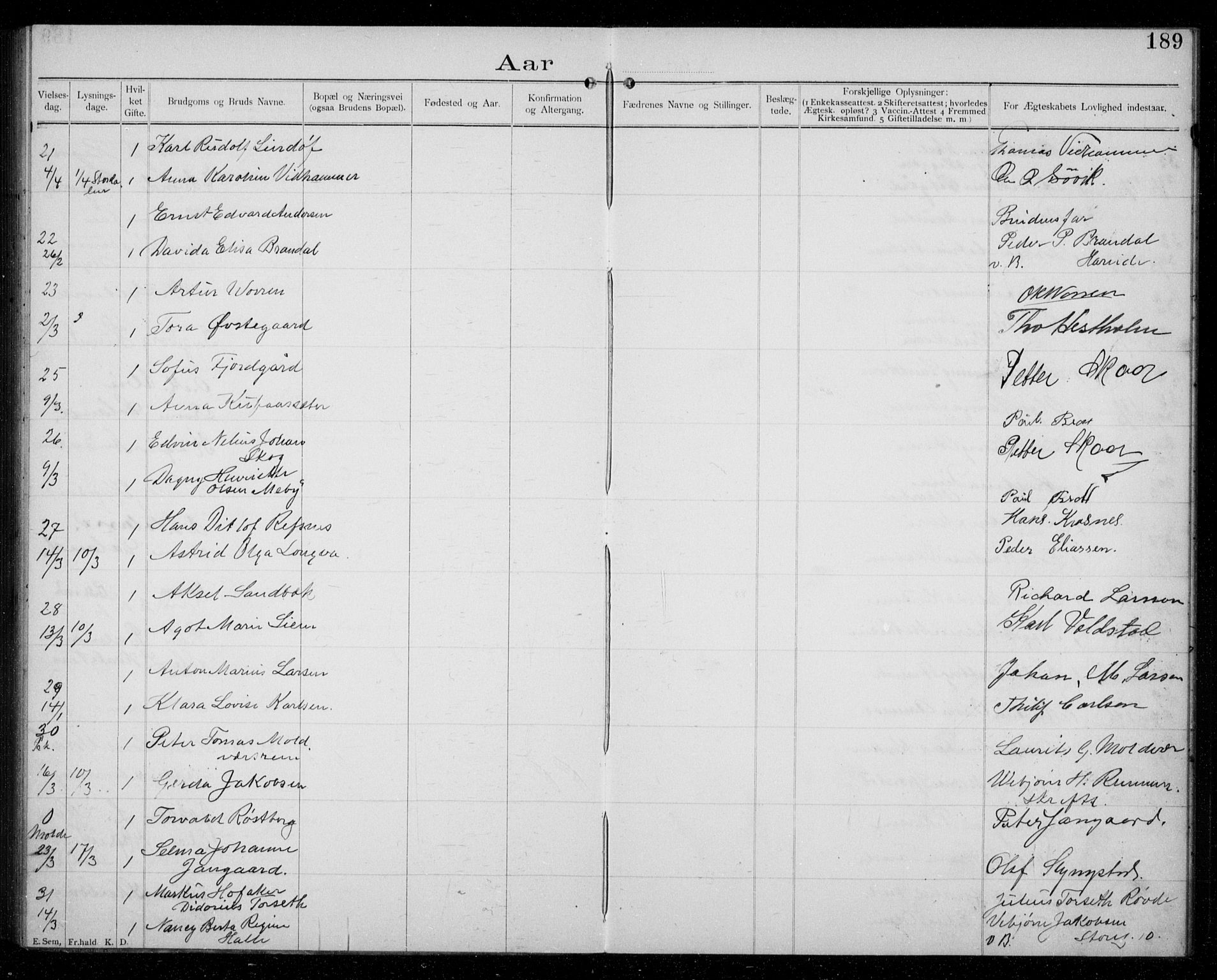 Ministerialprotokoller, klokkerbøker og fødselsregistre - Møre og Romsdal, AV/SAT-A-1454/529/L0458: Banns register no. 529A08, 1901-1918, p. 189