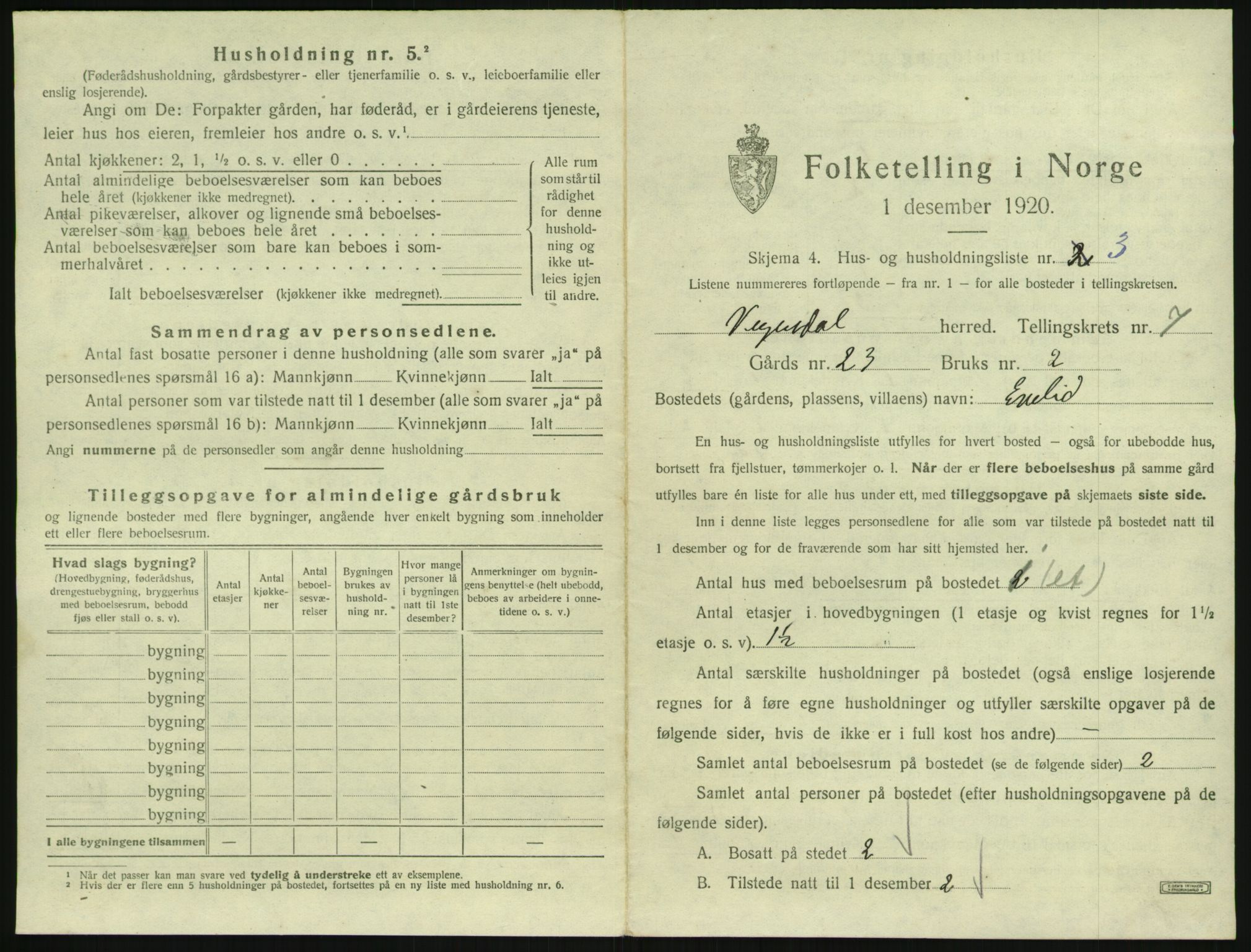 SAK, 1920 census for Vegusdal, 1920, p. 277