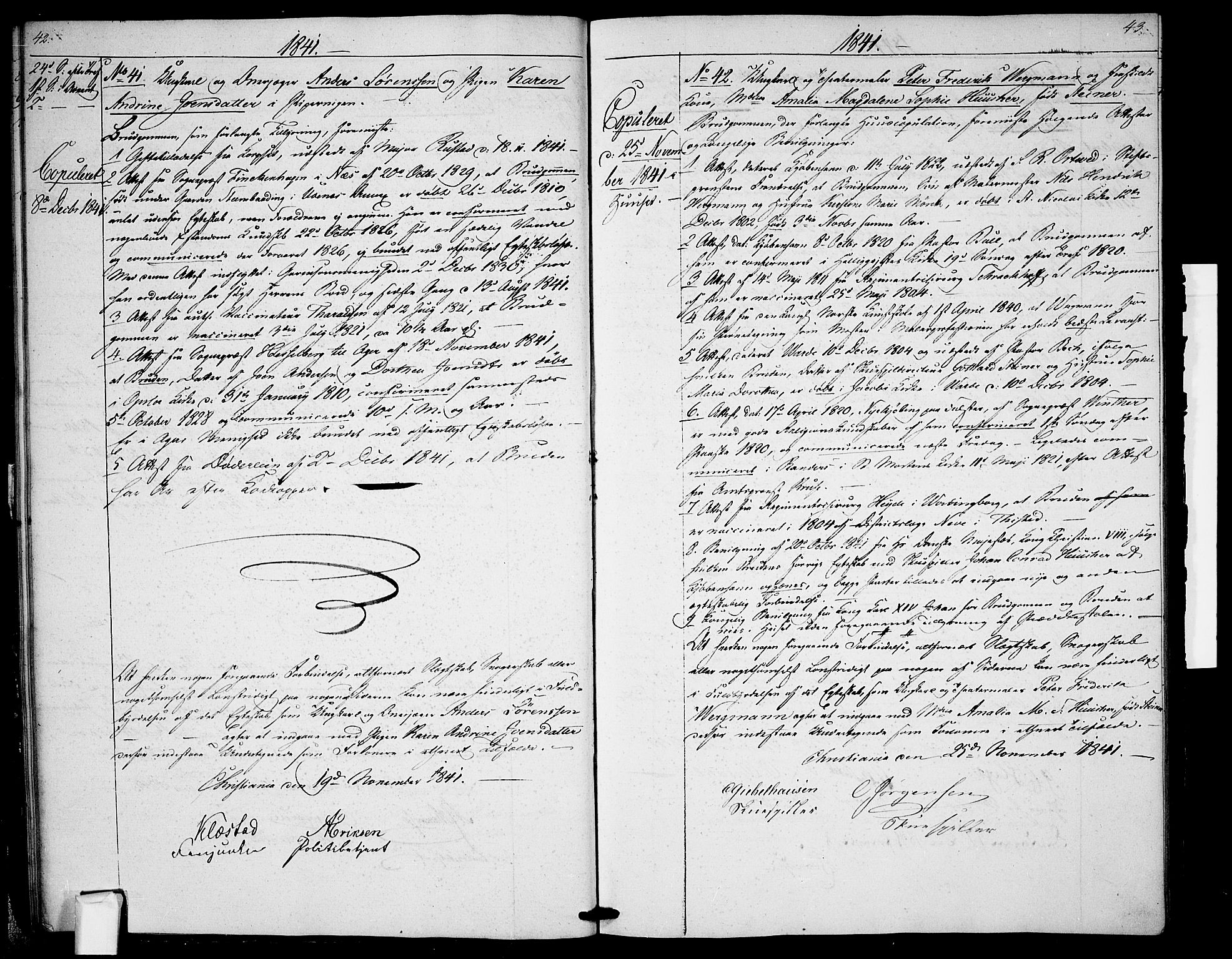 Garnisonsmenigheten Kirkebøker, AV/SAO-A-10846/H/Ha/L0004: Banns register no. I 4, 1840-1844, p. 42-43