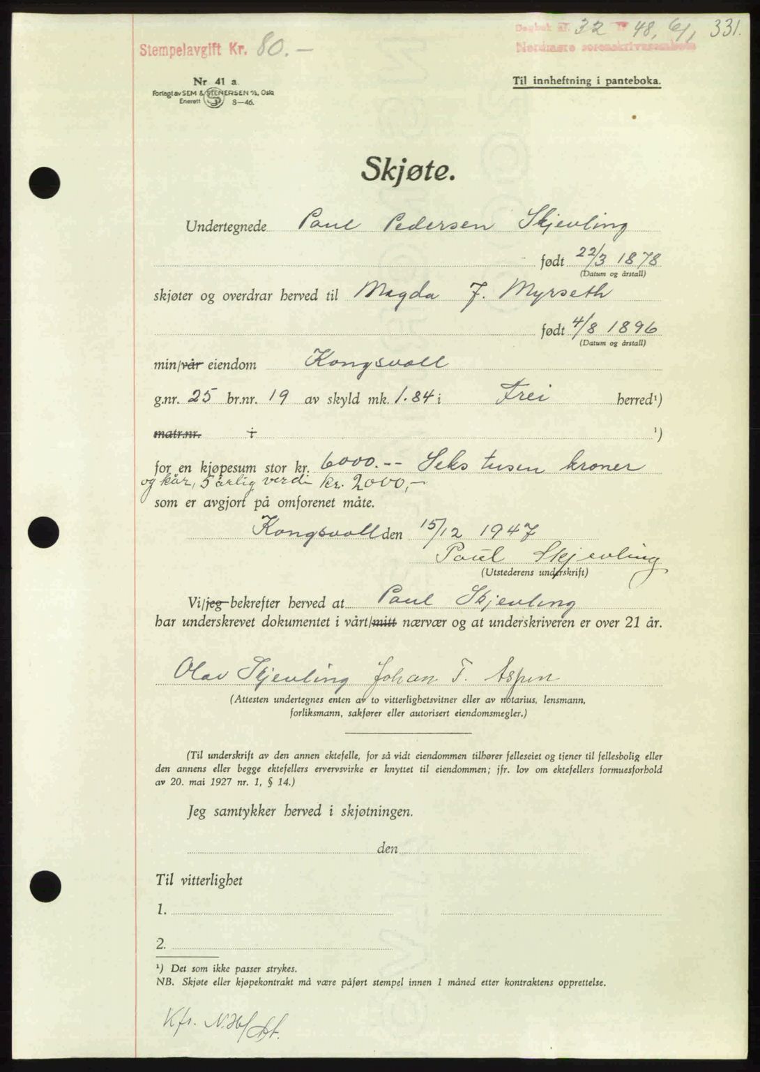 Nordmøre sorenskriveri, AV/SAT-A-4132/1/2/2Ca: Mortgage book no. A107, 1947-1948, Diary no: : 32/1948