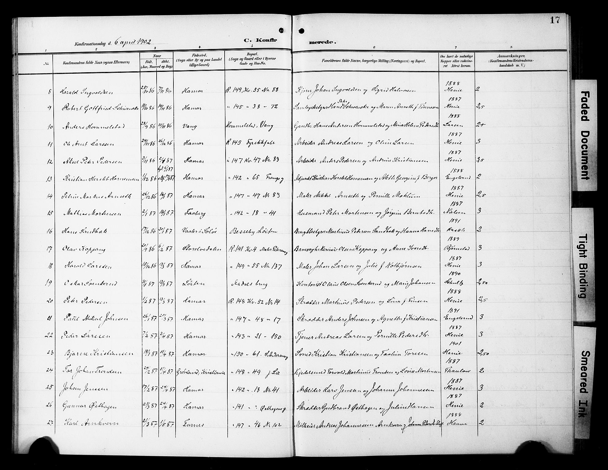 Hamar prestekontor, SAH/DOMPH-002/H/Ha/Hab/L0002: Parish register (copy) no. 2, 1899-1929, p. 17