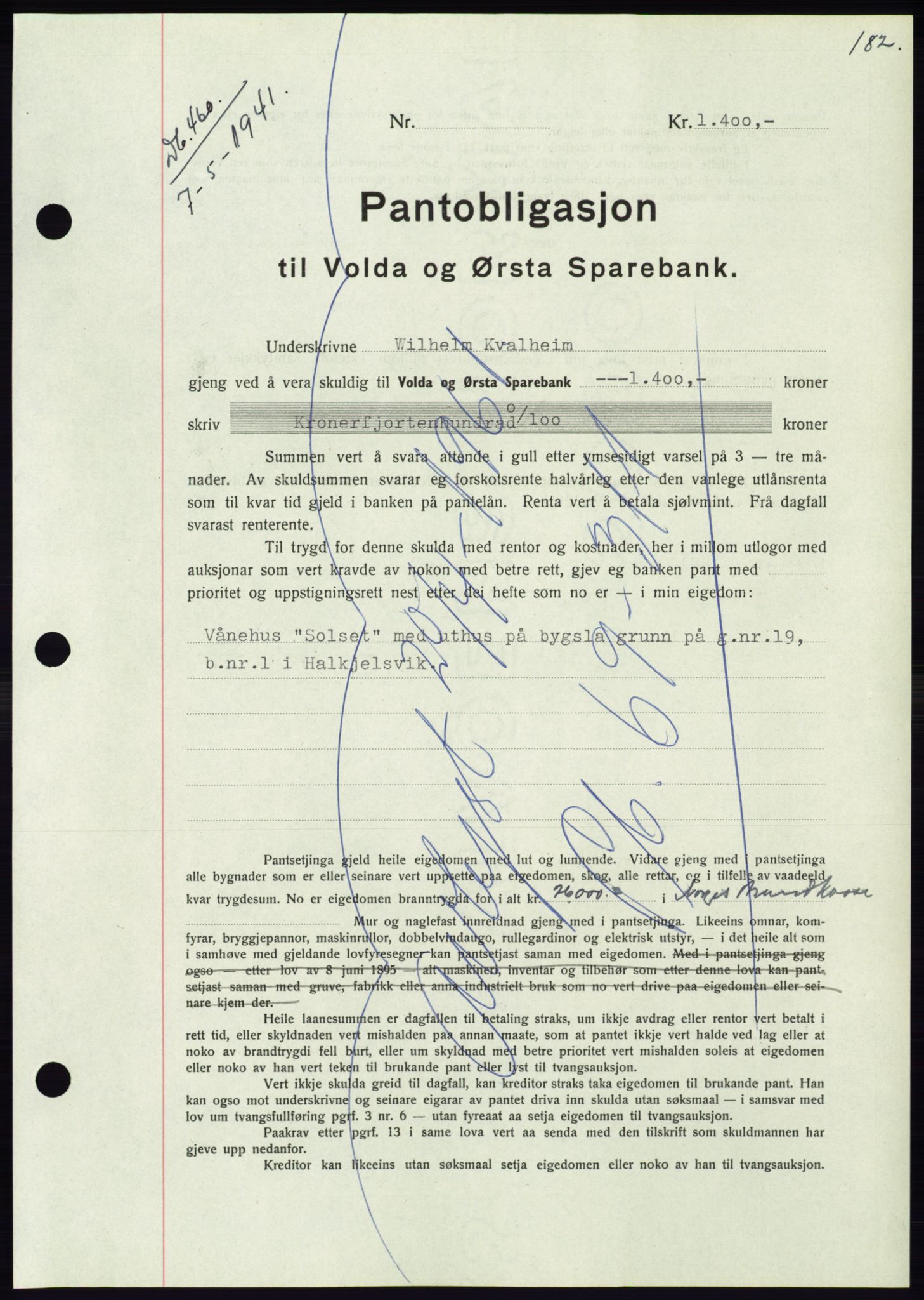 Søre Sunnmøre sorenskriveri, AV/SAT-A-4122/1/2/2C/L0071: Mortgage book no. 65, 1941-1941, Diary no: : 460/1941