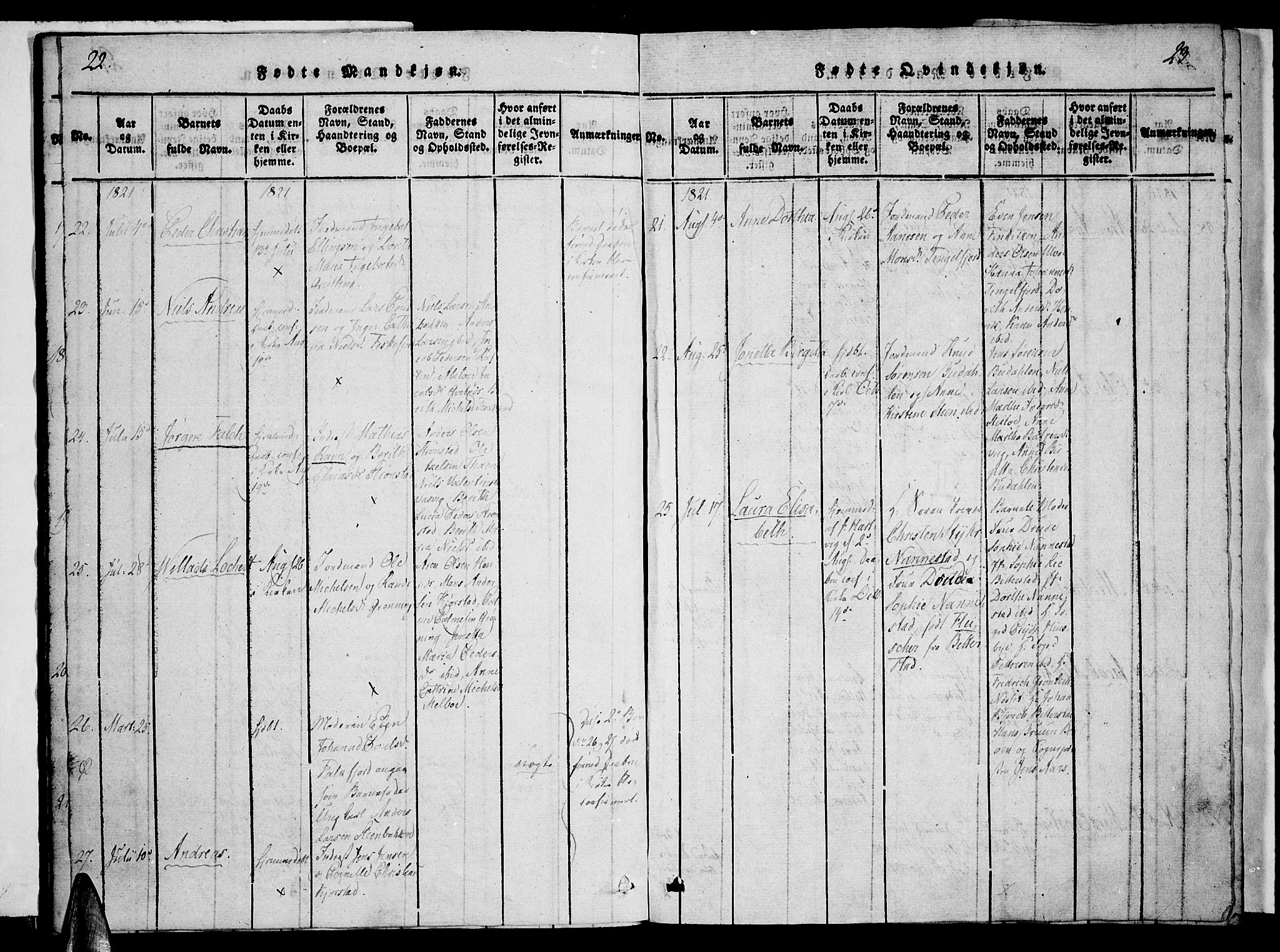 Ministerialprotokoller, klokkerbøker og fødselsregistre - Nordland, AV/SAT-A-1459/888/L1237: Parish register (official) no. 888A05 /1, 1820-1836, p. 22-23