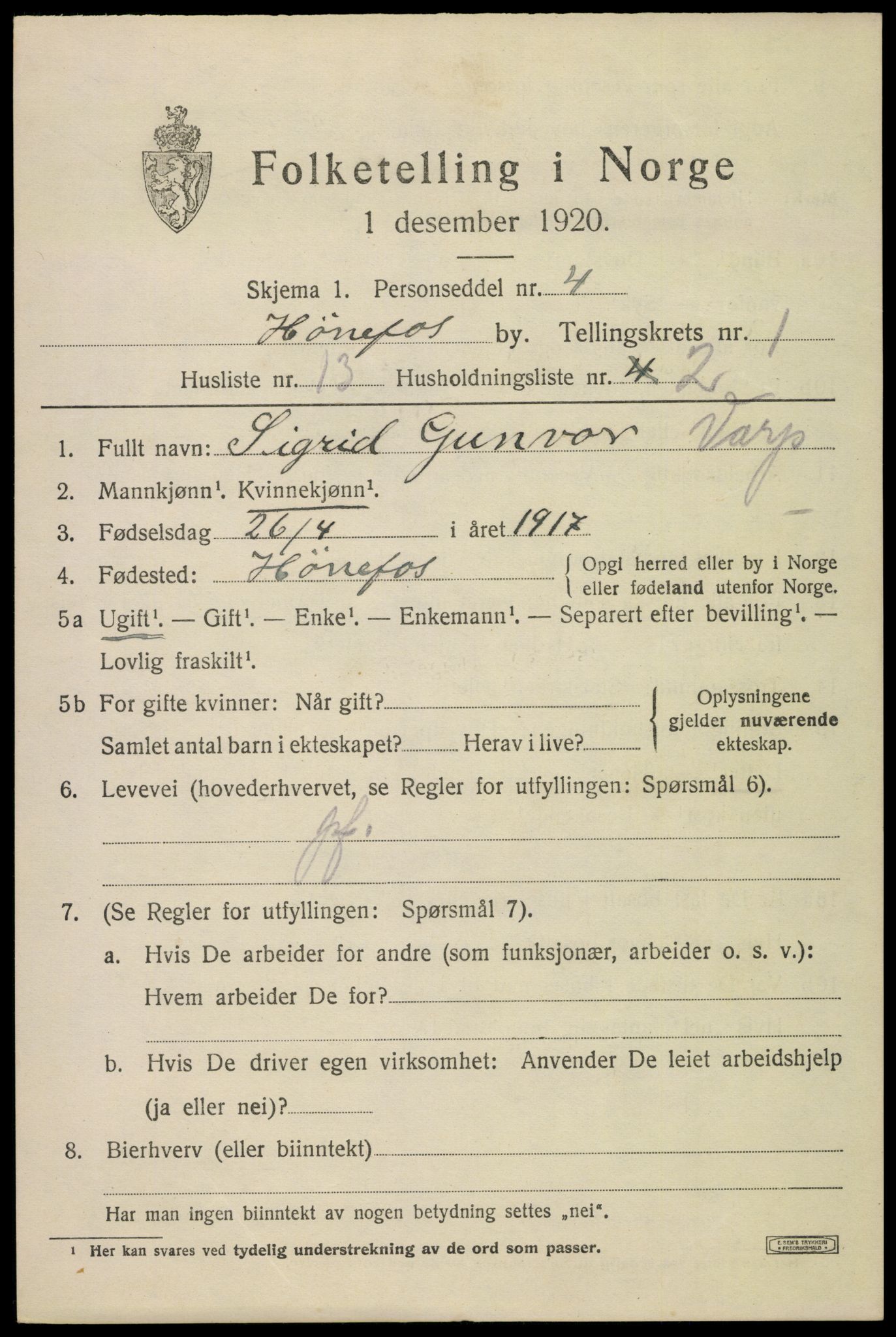 SAKO, 1920 census for Hønefoss, 1920, p. 2600