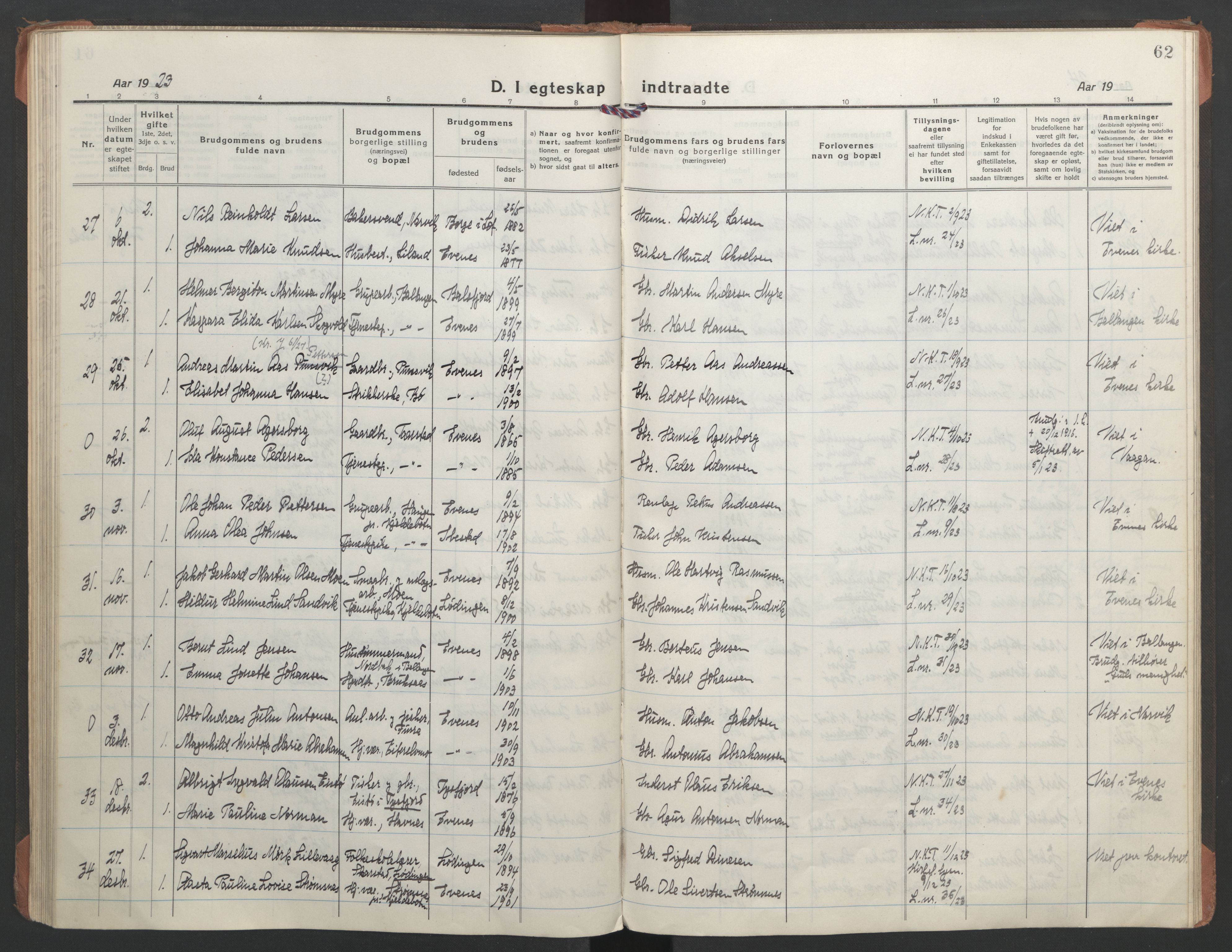 Ministerialprotokoller, klokkerbøker og fødselsregistre - Nordland, AV/SAT-A-1459/863/L0902: Parish register (official) no. 863A14, 1906-1937, p. 62