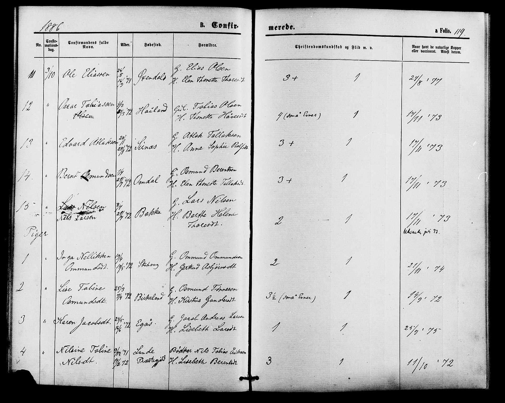 Bakke sokneprestkontor, AV/SAK-1111-0002/F/Fa/Faa/L0007: Parish register (official) no. A 7, 1877-1886, p. 119