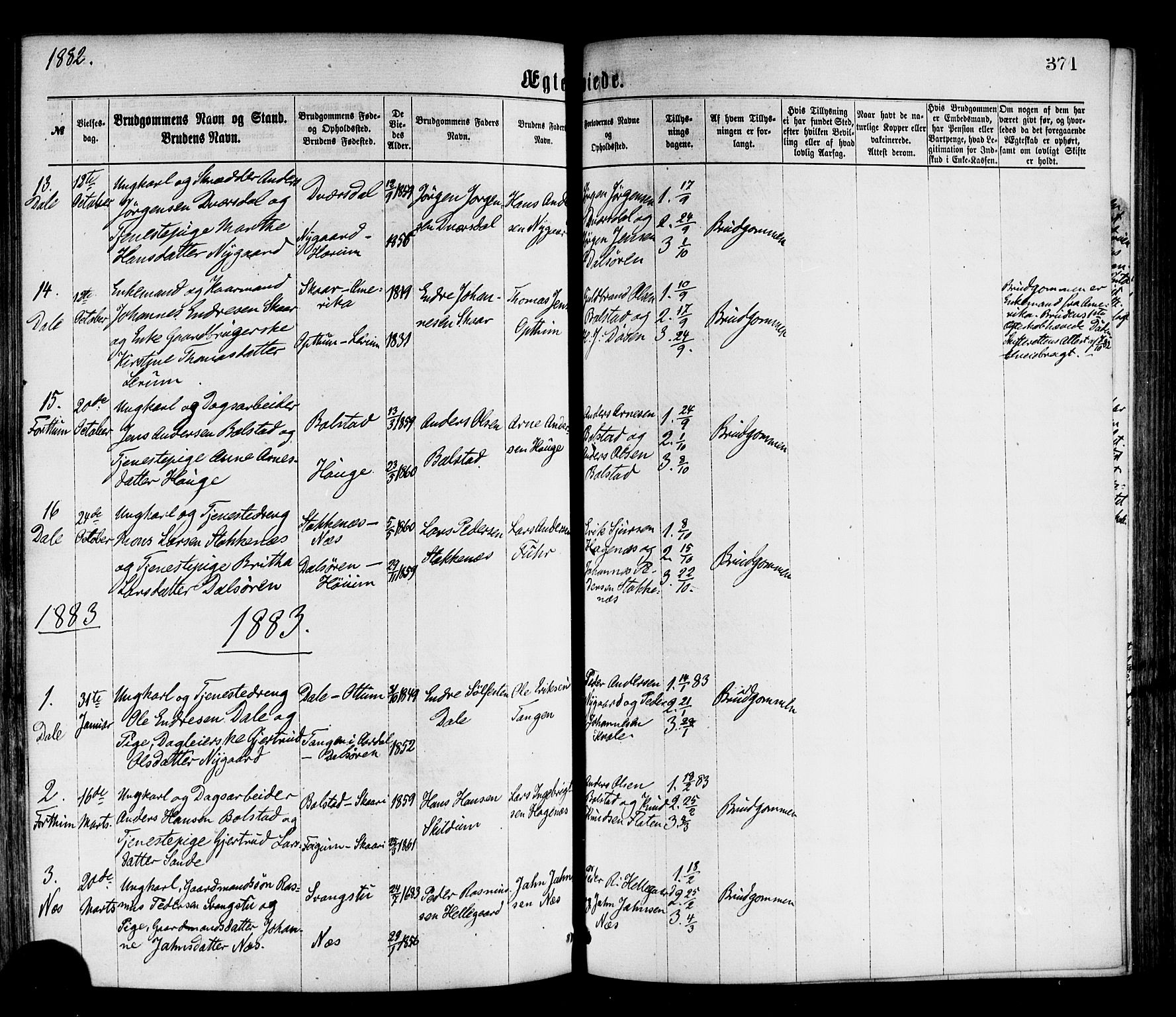 Luster sokneprestembete, AV/SAB-A-81101/H/Haa/Haaa/L0010: Parish register (official) no. A 10, 1871-1886, p. 371