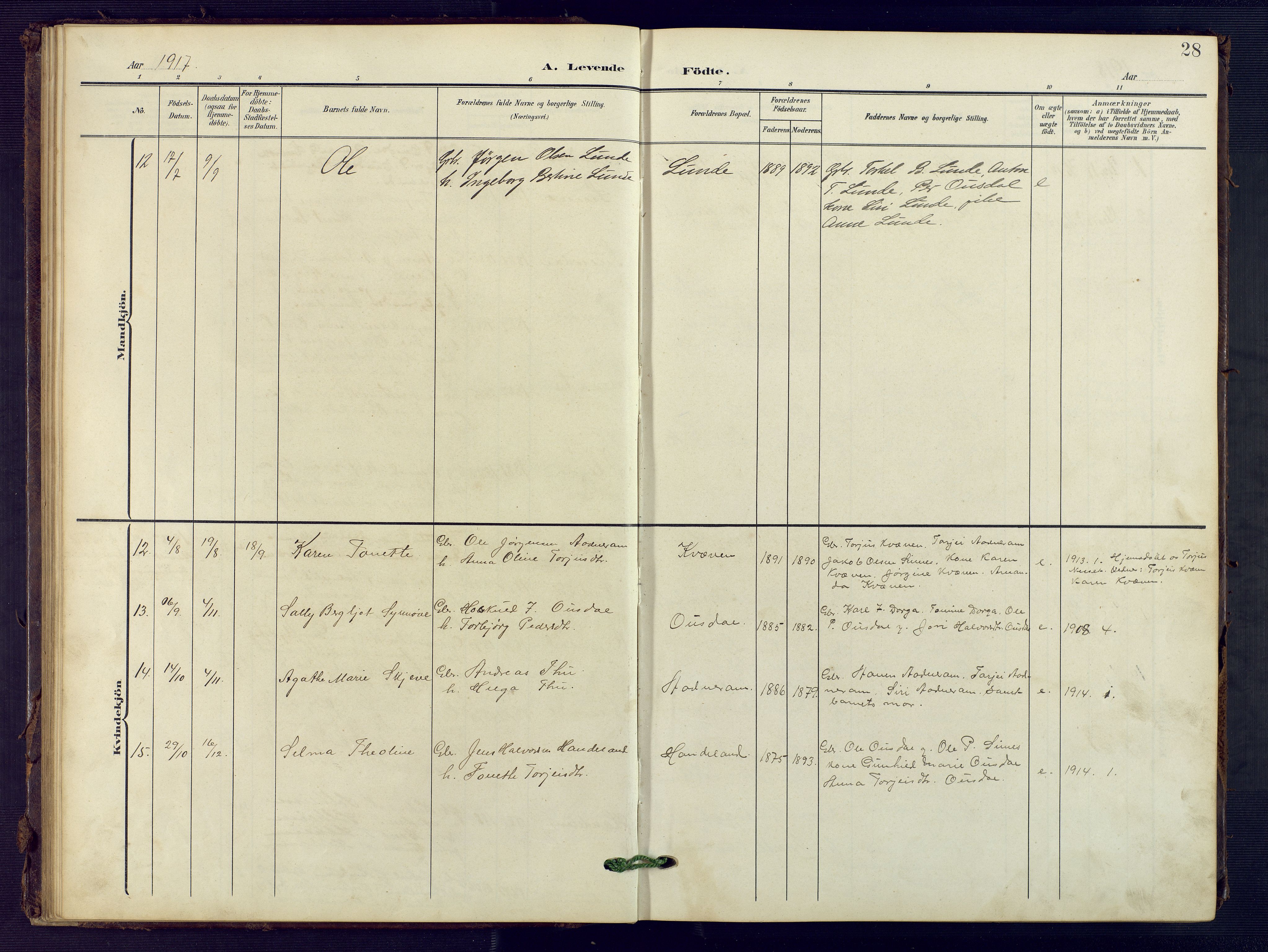 Sirdal sokneprestkontor, SAK/1111-0036/F/Fb/Fba/L0002: Parish register (copy) no. B 2, 1905-1958, p. 28