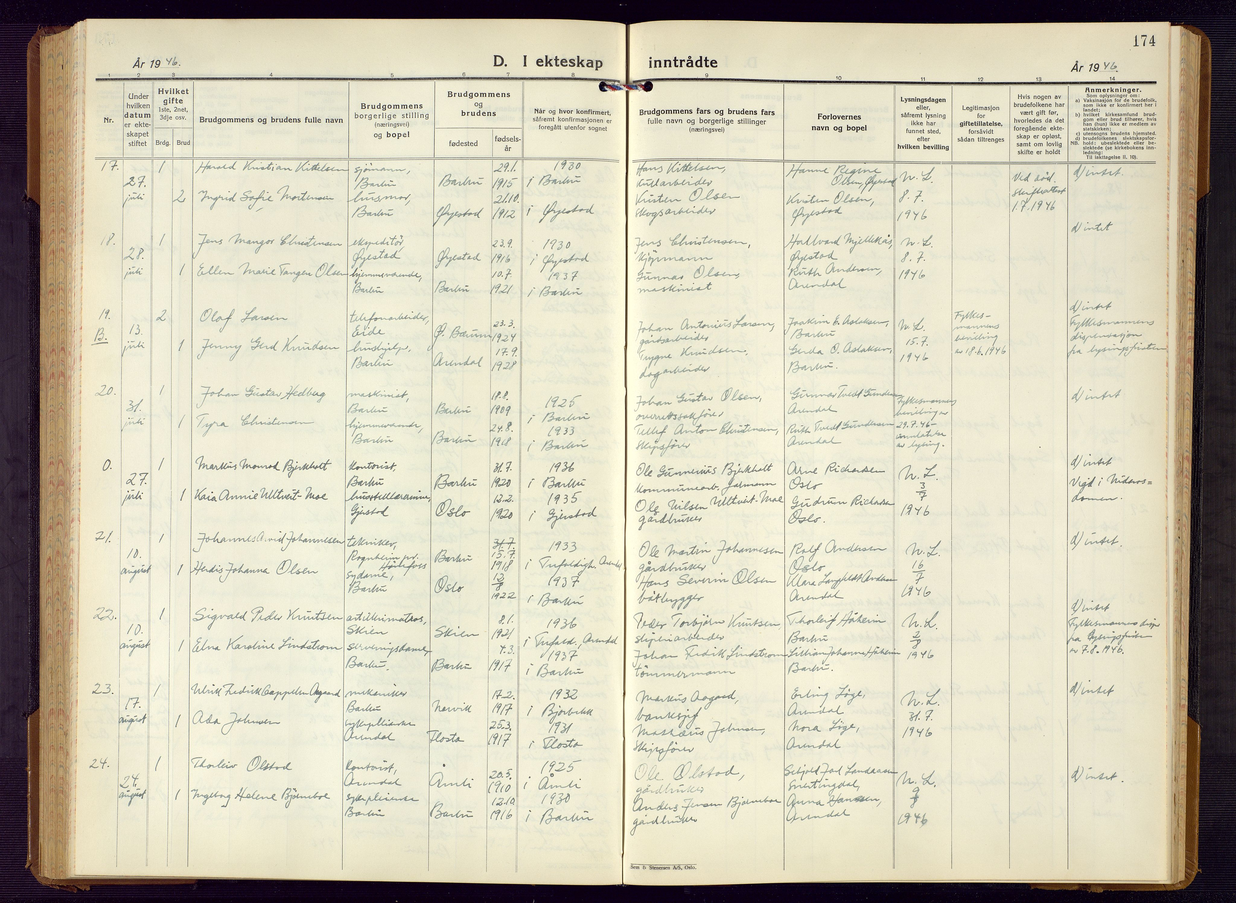 Barbu sokneprestkontor, SAK/1111-0003/F/Fb/L0006: Parish register (copy) no. B 6, 1937-1947, p. 174