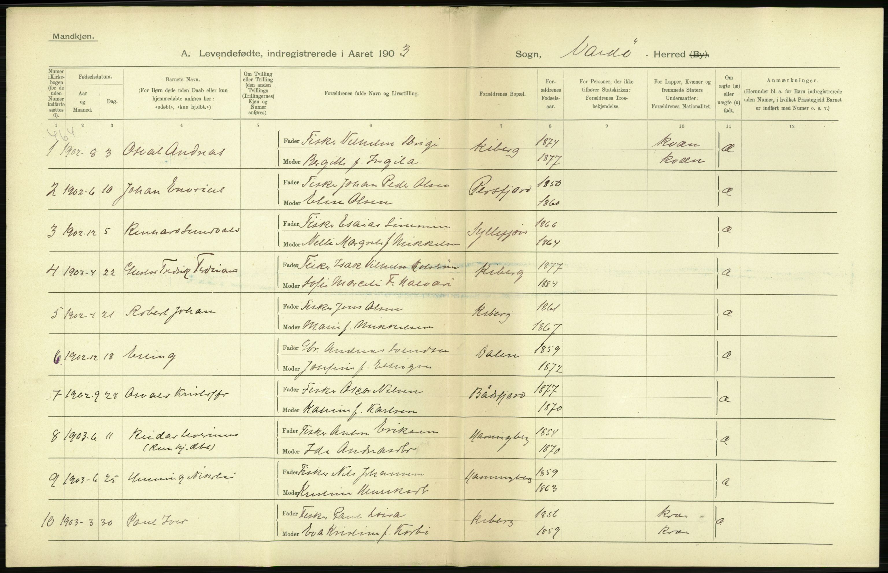 Statistisk sentralbyrå, Sosiodemografiske emner, Befolkning, AV/RA-S-2228/D/Df/Dfa/Dfaa/L0022: Finnmarkens amt: Fødte, gifte, døde., 1903, p. 6