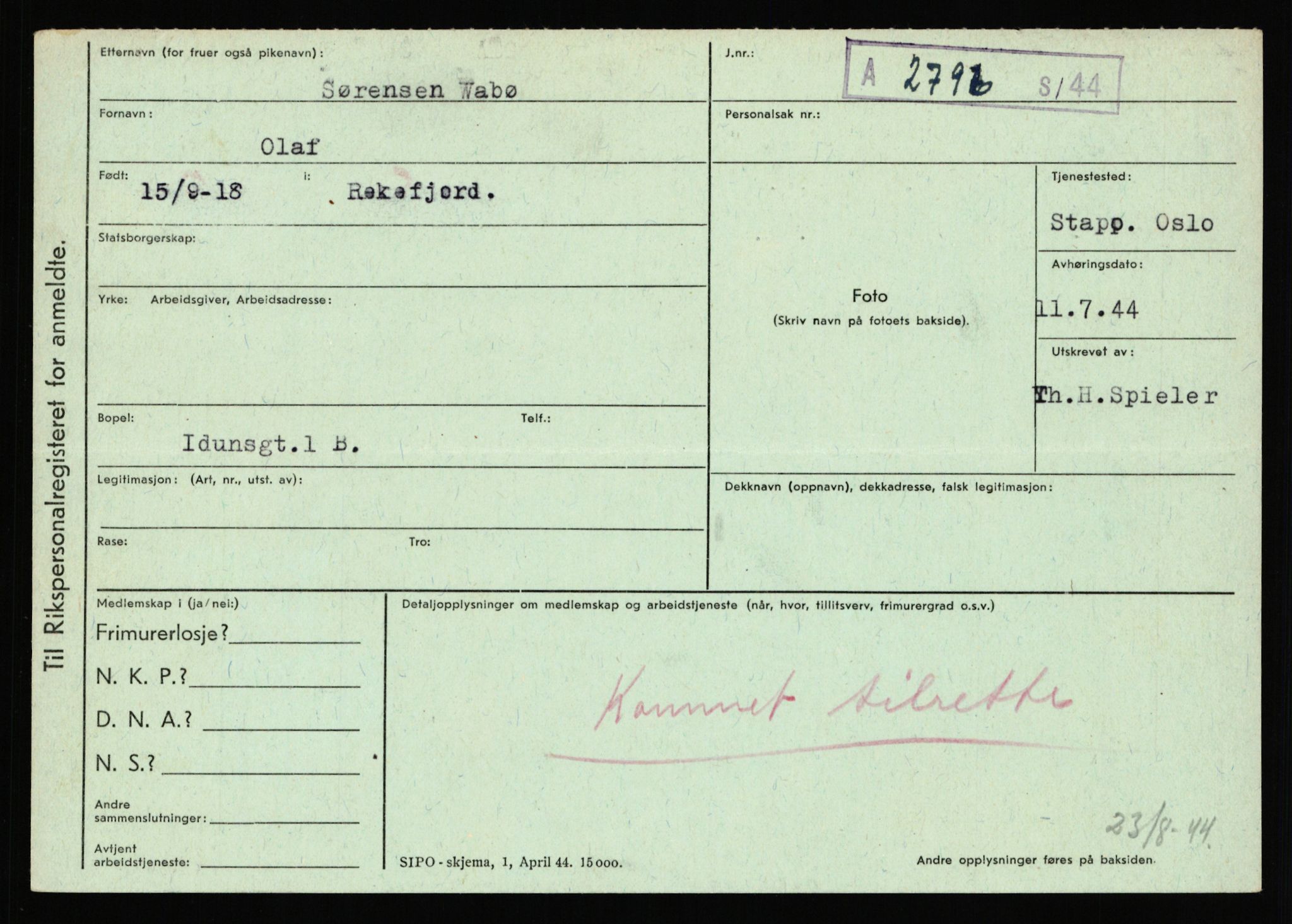 Statspolitiet - Hovedkontoret / Osloavdelingen, AV/RA-S-1329/C/Ca/L0016: Uberg - Øystese, 1943-1945, p. 1652