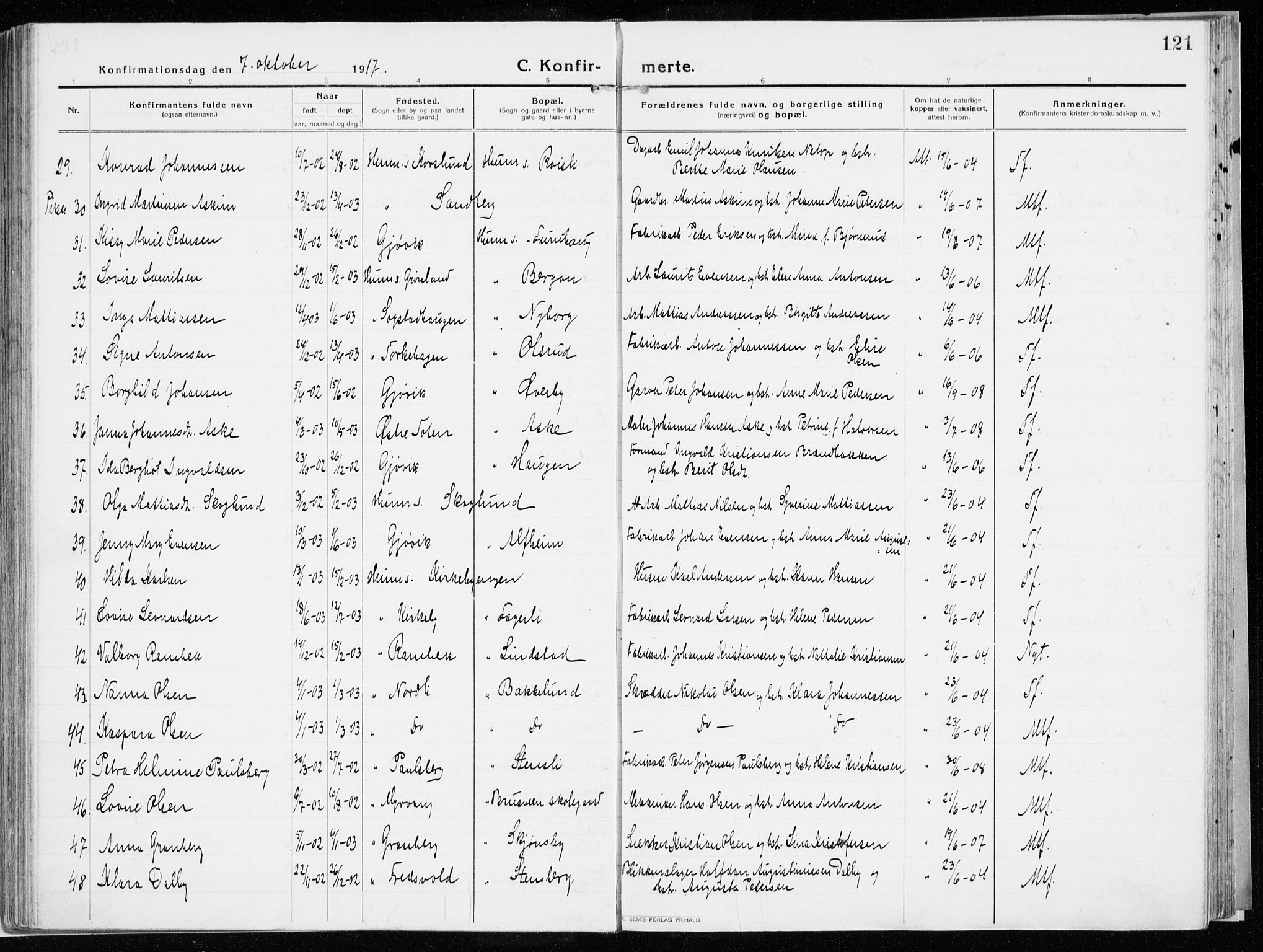 Vardal prestekontor, AV/SAH-PREST-100/H/Ha/Haa/L0017: Parish register (official) no. 17, 1915-1929, p. 121