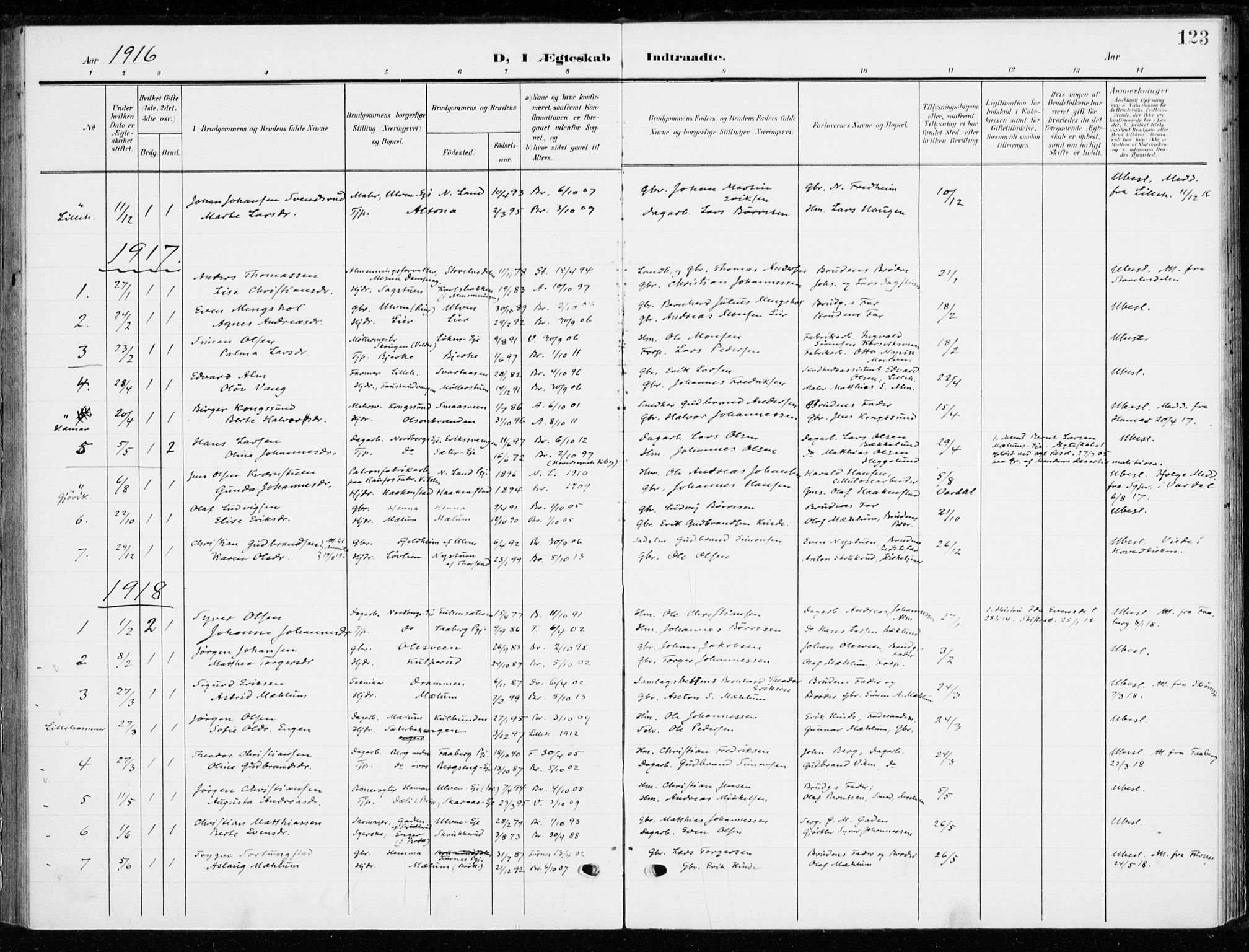 Ringsaker prestekontor, SAH/PREST-014/K/Ka/L0021: Parish register (official) no. 21, 1905-1920, p. 123