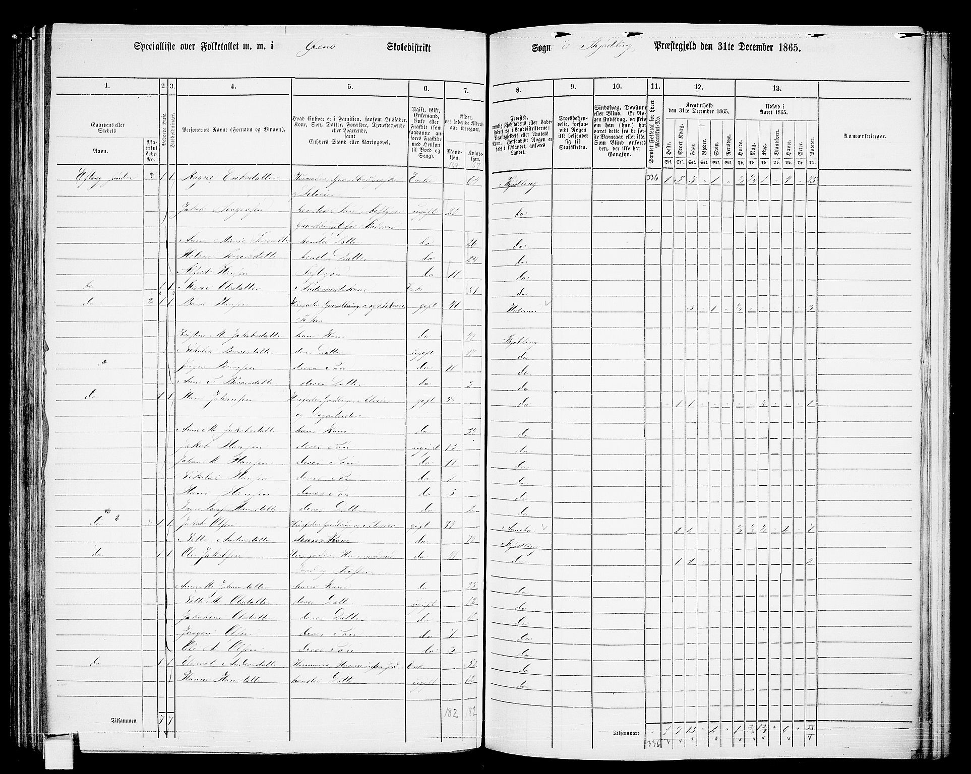 RA, 1865 census for Tjølling, 1865, p. 136